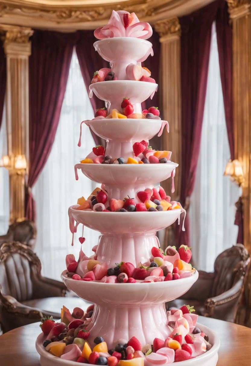 white and pink mixed chocolate fountain,Beautiful fece,delicious flowing chocolate,colourfull,Cut fruit,Heart ornament,palace interior,masterpiece