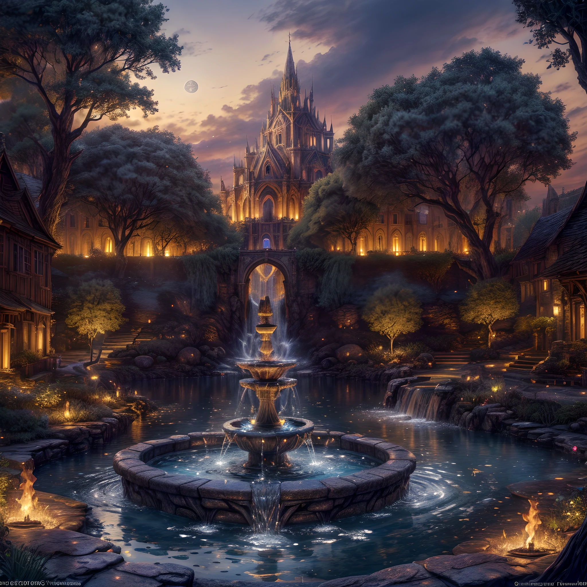 Fantasy art, RPG art, there is an epic sized magical water fountain in an elven city town square, it has magical runes in the basin of the fountain, many rivulets of water entwined in fire, faize, the fire is combined with the water streams, its night time, moon is rising, photorealistic, 16k, RAW, award winning, (best detailed: 1.5), masterpiece, best quality, (ultra detailed), full body, ultra wide shot