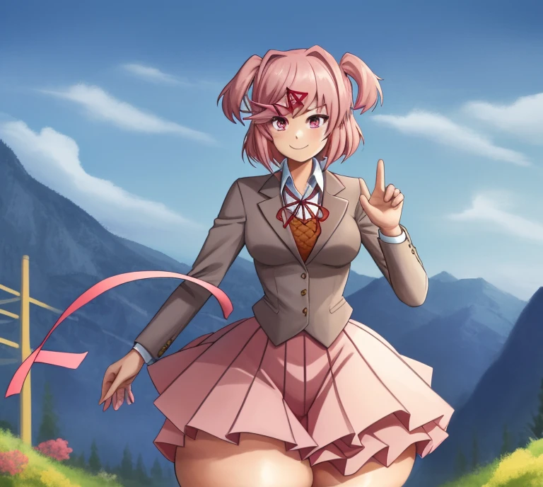 2d, masterpiece, best quality, anime, highly detailed, cowboy shot, 1girl, solo, natsuki, pink eyes, two side up, short hair, hair ornament, school uniform, standing, straight-on, smile, in a beautiful valley, (hyper hips:1.6)