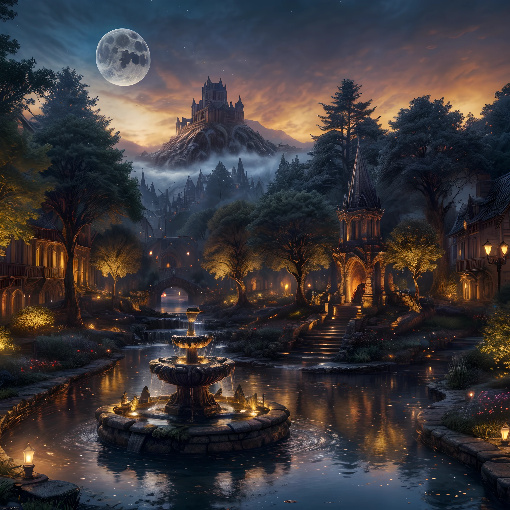 Fantasy art, RPG art, there is an epic sized magical water fountain in an elven city town square, it has magical runes in the basin of the fountain, many rivulets of water entwined in fire, faize, the fire is combined with the water streams, its night time, moon is rising, photorealistic, 16k, RAW, award winning, (best detailed: 1.5), masterpiece, best quality, (ultra detailed), full body, ultra wide shot