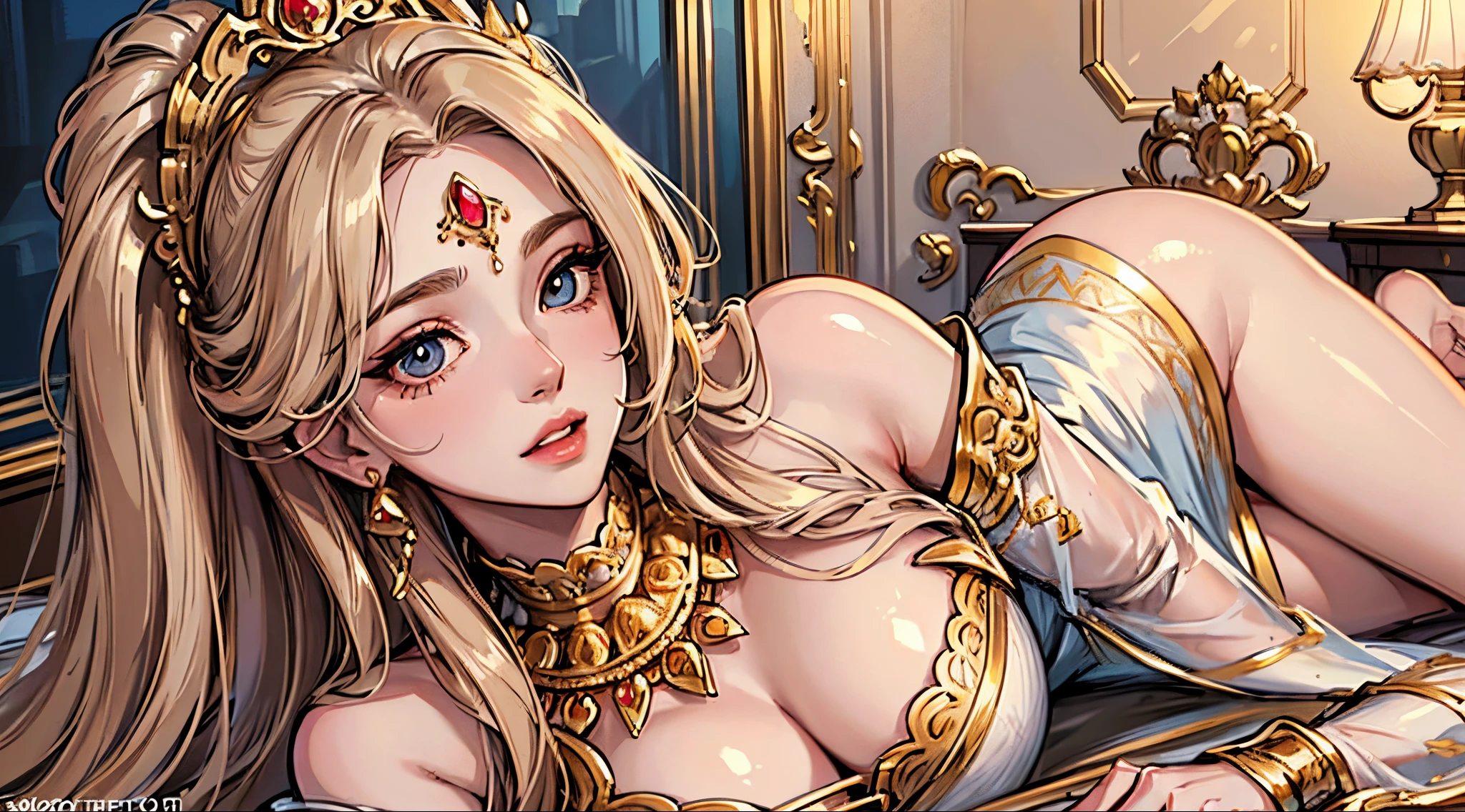 best quality,highres,ultra-detailed,realistic,portrait,beautiful detailed eyes,beautiful detailed lips,detailed face,detailed features,soft skin,rosy cheeks,natural makeup,feminine,seductive,graceful pose,long flowing hair,golden earrings,ornate necklace,glamorous outfit,vibrant colors,soft lighting,full body