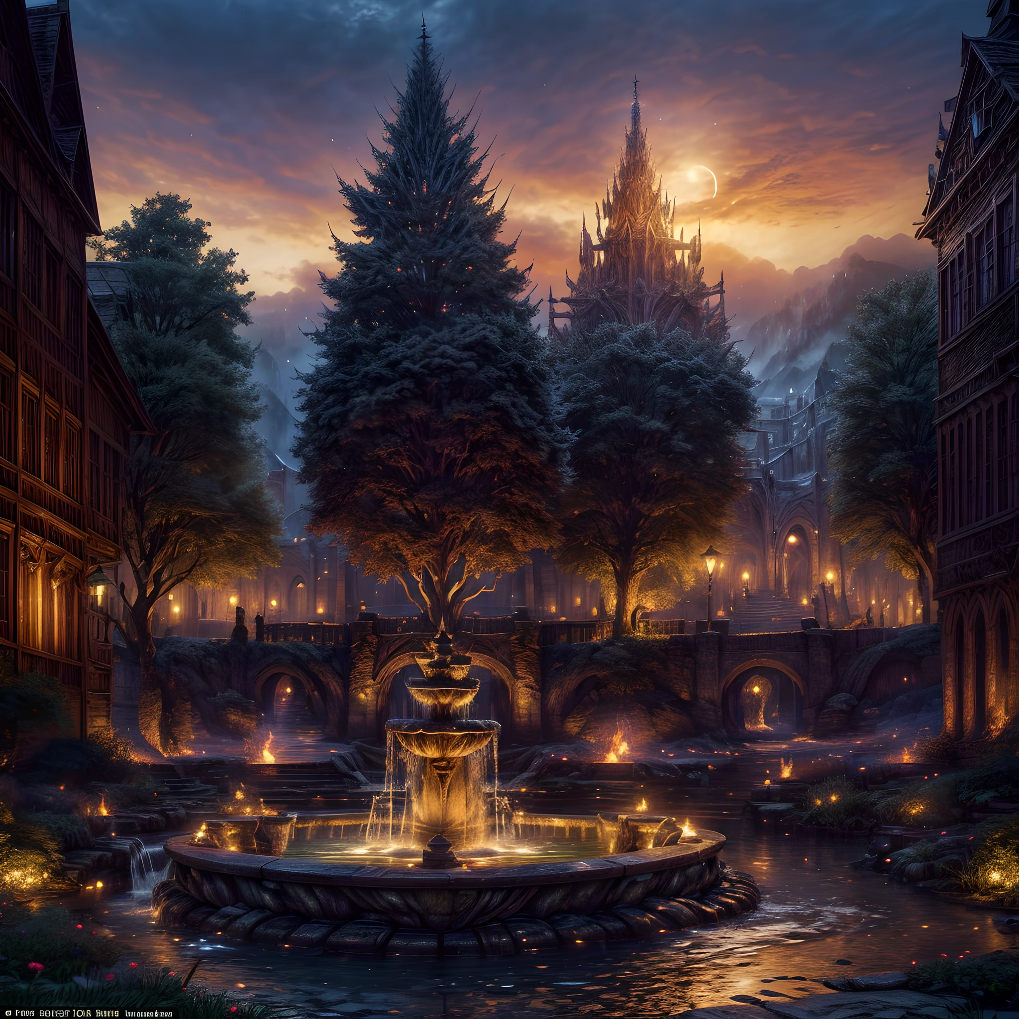Fantasy art, RPG art, there is an epic sized magical water fountain in an elven city town square, it has magical runes in the basin of the fountain, many rivulets of water entwined in fire, faize, the fire is combined with the water streams, its night time, moon is rising, photorealistic, 16k, RAW, award winning, (best detailed: 1.5), masterpiece, best quality, (ultra detailed), full body, ultra wide shot