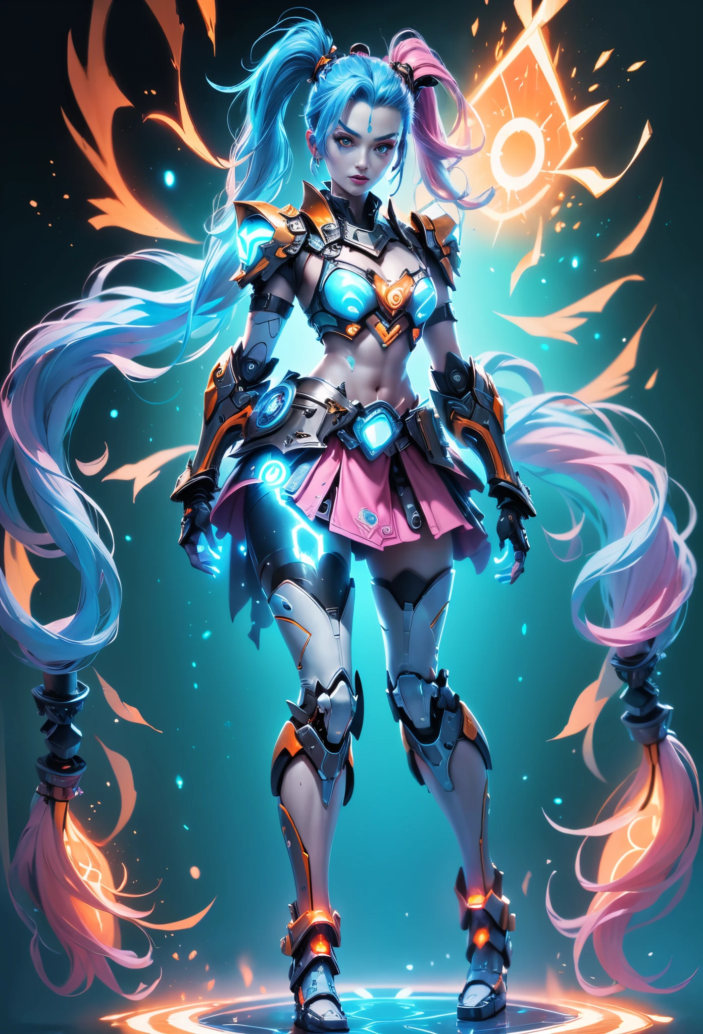 Jinx1024, Game character design,3D character rendering,(((Vector illustration style))),League of Legends Jinx,((1girl,(Blue double ponytail: 1.5),Blue braids,Red eyes,big laughter,future warrior,(Pink mechanical skirt: 1.3),(A luminous magazine is tied around the waist: 1.2),Decorated with luminous lines and rivets,With streamer effect or LED light embellishment,Hand holding laser cannon、Ion cannon or pulse cannon)),((hair design:Brilliant deep blue,Add some glowing elements,Futuristic headgear such as orange photoelectric glasses or head-mounted display)),((Expression design:Add some glowing lines or orange LED light effects to the facial decoration,Design different facial expressions,Highlight the image of future warriors)),(action design:On the move、When releasing a skill or attacking,Add some special effects and animations,Highlight the sense of future and combat),((Special effects design:Add cool orange light effects、Electromagnetic wave effect or virtual interface,Enhance the visual impact of skin)), (((standing on your feet,Metal heels: 1.8, Glowing lines or orange LED light effect))), (full body shot of: 1.5),jinx (league of legends),((starryskybackground,simplebackground)), MECHA-WINGS, art by mooncryptowow, (pov, first-person view, Ghibli-like colours, Luminism, cinematic lighting, UHD, masterpiece, ccurate, anatomically correct, textured skin, super detail, high details, high quality, award winning, best quality, 16k)