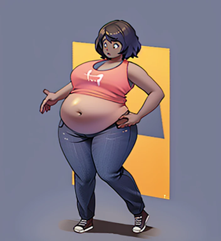 (solo, 1girl:1.2),
hands on own stomach, belly grab, 
(colored skin:0.5), 
(partial_blueberry_inflation)
curvy, standing, midriff, 
(tank top, shirt:1.15), jeans, large breasts, breasts apart, 
surprised, shocked
full body,
simple background