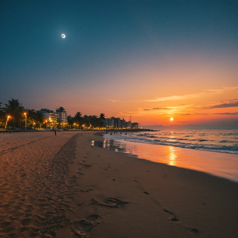 landscape shot　　Sunset Moon　the beach　sand beach　Superb view　Brink　waterface　cruiser　nighttime scene　Buildings