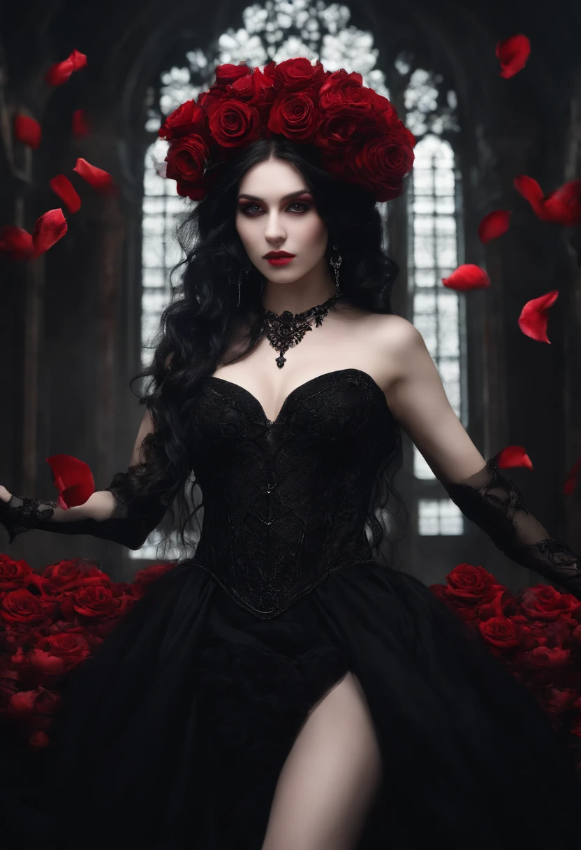 ((masterpiece)), Vampire princess, (absurdres, highres, ultra detailed),1girl, backlighting, bare shoulders, black background, black gothic dress, black and pink hair, blood, cowboy shot, dress, ornate ancient earrings, expressionless, roses, light particles, long hair, looking at viewer, off-shoulder gothic ancient boned design dress, rose petals, red eyes,upper body