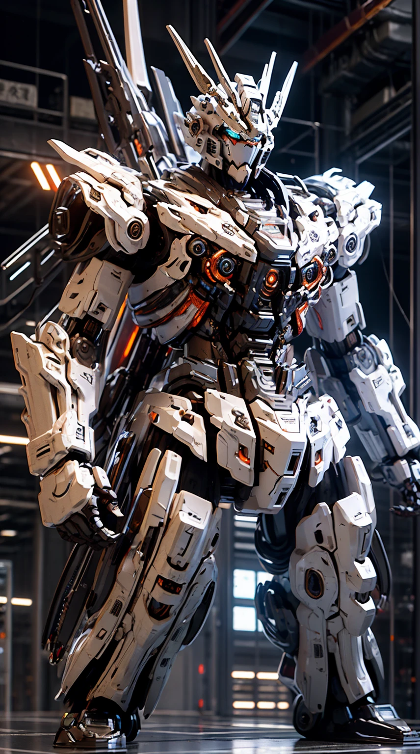 Generate a captivating full-body shot of a beast-master mecha, a majestic and formidable force that commands mechanical beasts in the futuristic realm. The armor should have a wild and primal design, adorned with tribal patterns and nature-inspired elements. Equip the mecha with integrated technology that allows it to control and communicate with mechanical beasts. The helm should have a commanding visage, reflecting the mastery over these robotic creatures. Proportions should convey strength and a connection to nature, showcasing the mecha's ability to harness the power of its mechanical companions. The pose should evoke a sense of control and camaraderie, as if the beast-master mecha is ready to lead its robotic beasts into battle. The background, if any, should complement the natural theme, perhaps with mechanical fauna or a futuristic wilderness. This beast-master mecha is a symbol of harmony between machine and nature, a powerful and untamed force on the futuristic battlefield.
