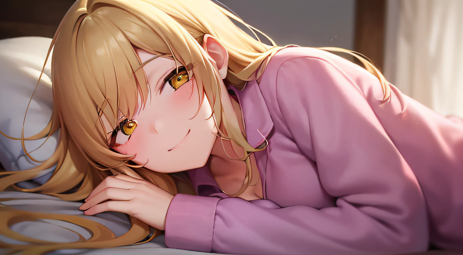 sleeping, lying, ​masterpiece、hightquality、(Blonde long hair, yellow  eyes)、An 18-year-old woman、(Alone:1.5)、wearing pink flannel pajamas、(A shy and smiling expression:1.1)、Close-up of the subject's face、(Only the upper body is shown.:1.3)、Bold composition、natta、Bed in the background
