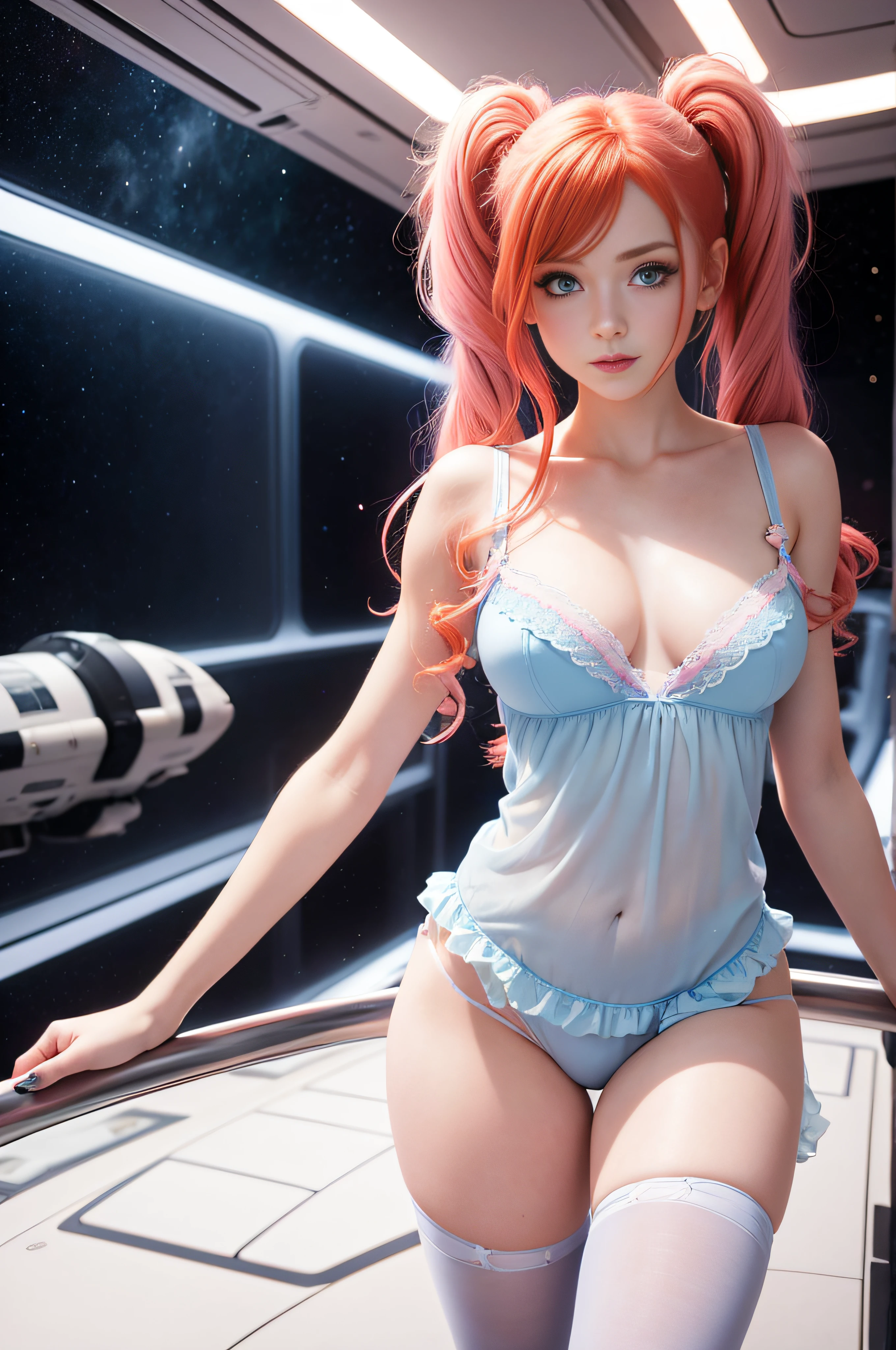 cute redhead with rainbow colored hair tips, 18-year-old woman, happy, in twin tails, perfect blue eyes, pale goth skin, silky smooth skin, standing on a space ship, deep space, dark lighting, wearing a pastel blue (sheer) nightgown, frilly nightgown, cute white panties and bra underneath her nightgown, panties showing, wearing full body pantyhose.