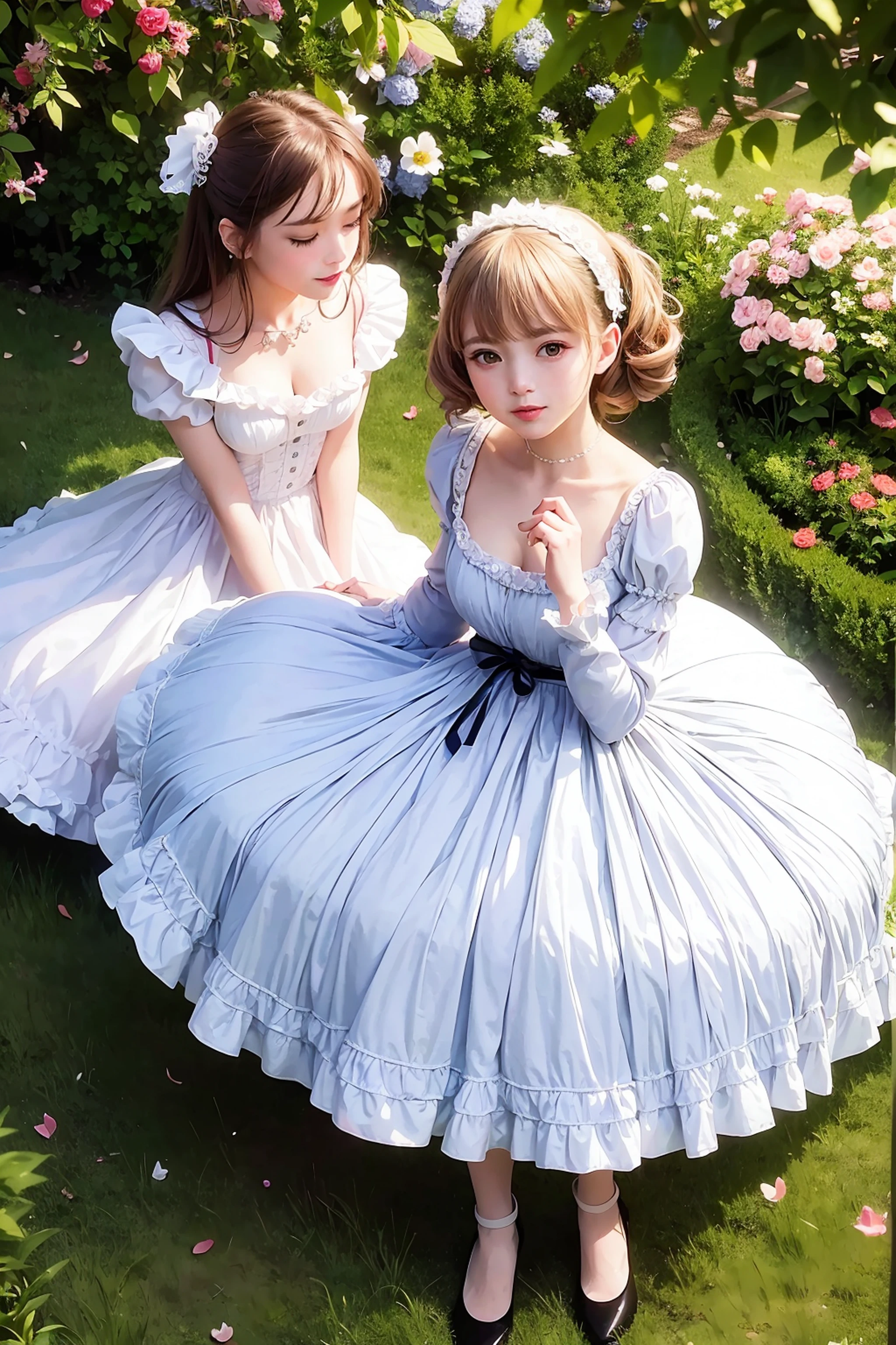 ta fashion, politeness of depiction, during daytime, lush garden, full of sunlight, Pale shades, beautiful bright sky, Delicate flowers々, butterflies dance, Graceful pose, A smile on his lips, Fluffy dresses, Lace ornament, Sheer fabric, old timing pictures, good filtering, Mystical light, happy atmosphere, Calm color scheme, A dreamy place。