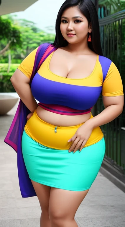 Indonesian aunty sexy and beautiful,
curvy chubby body, big breasts, wearing random colored tight clothes, wearing a mini skirt,