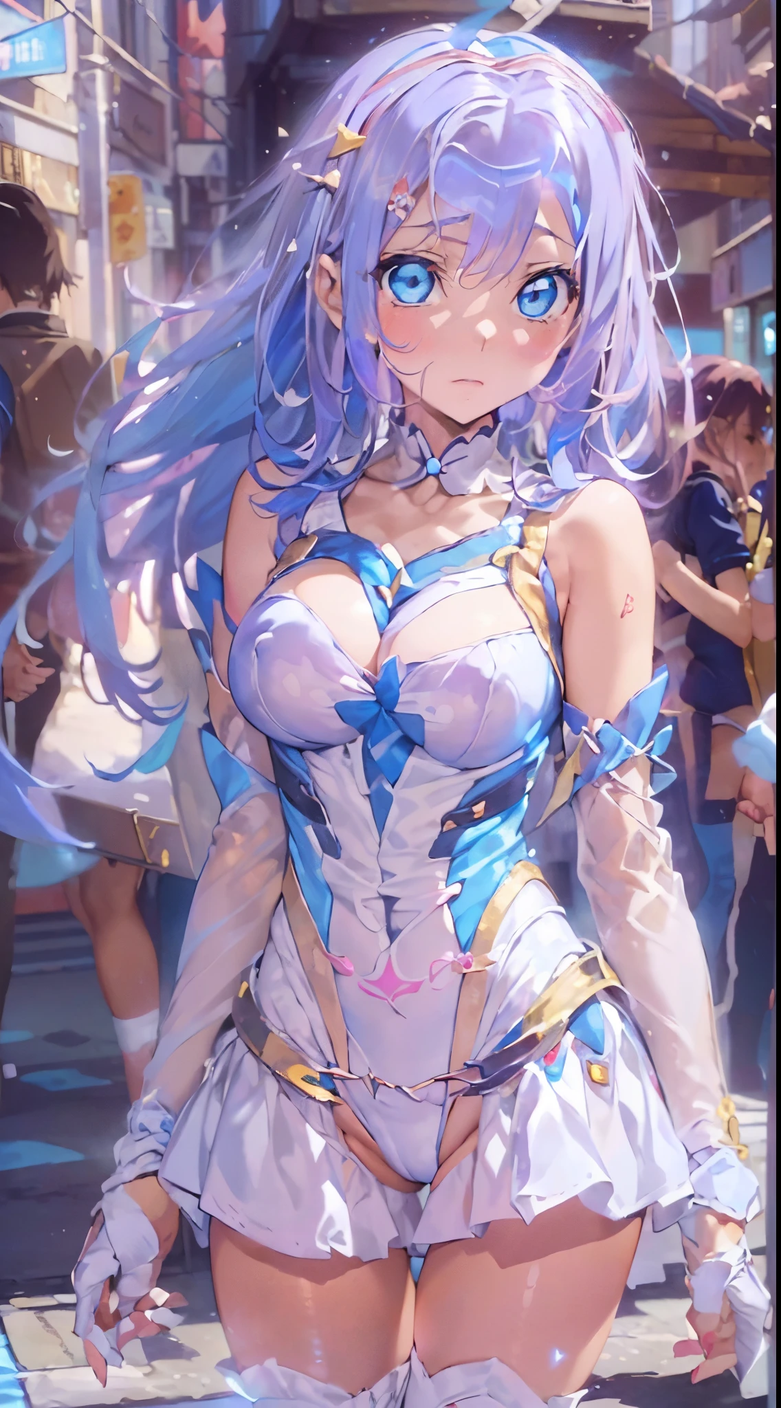 1womanl,,12year old ,((Impatient expression)),Beautiful breasts,(((Sexy magical girl white and blue high-leg bodysuit)))(())(((Blushing cheeks、Surprised look)),((())),((( portlate))),Blue eyes,(((Bangs are aligned)))()Street,Crowds(magical girl hair ornament)