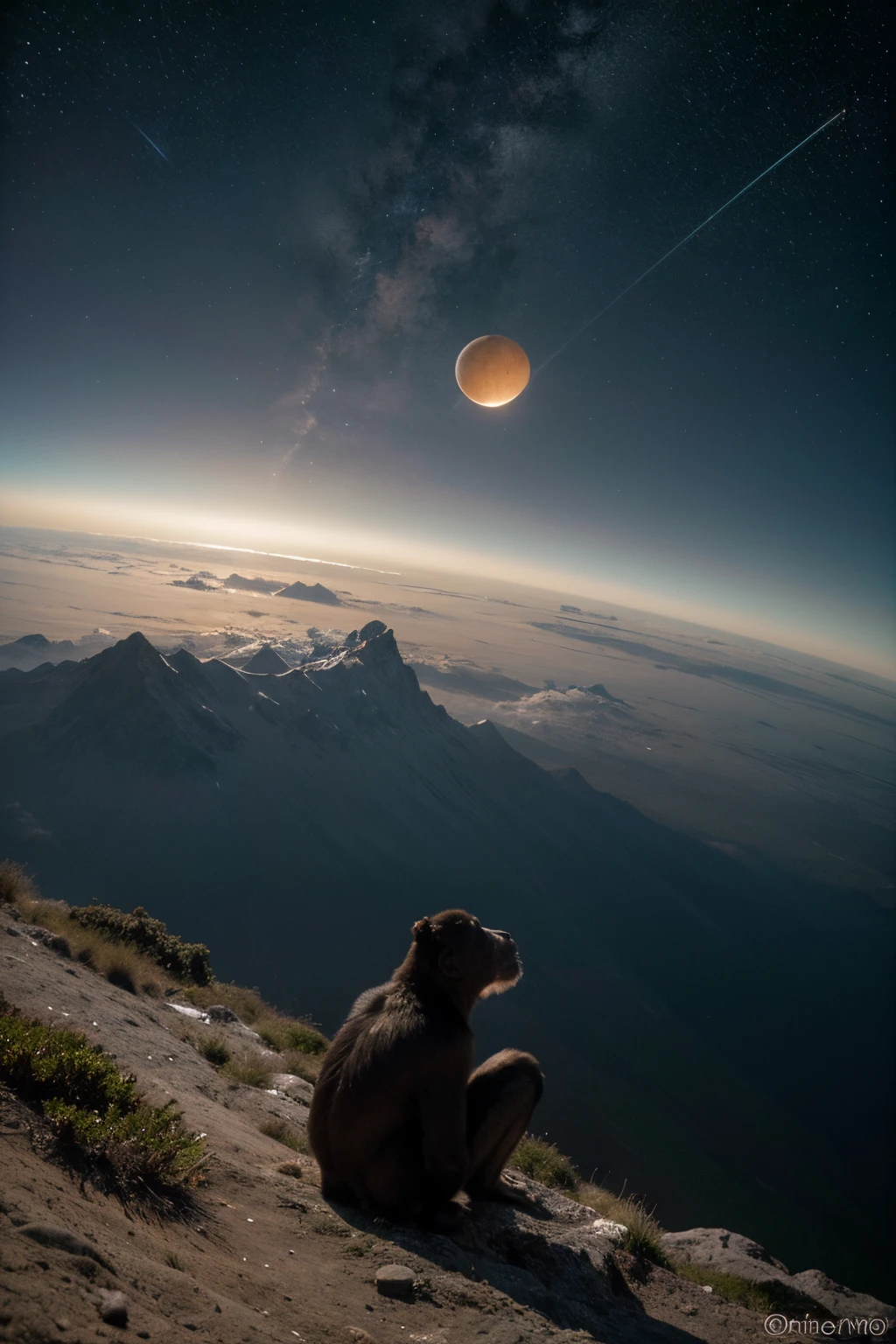 En el vasto espacio estrellado, The Earth floated like a blue and white jewel in the cosmic immensity. Desde esa perspectiva, the planet seemed fragile and precious, rodeado por la oscuridad infinita del universo. La luz del sol iluminaba la mitad del globo terrestre, revelando continentes, oceans and dancing clouds.

In a corner of this majestic panorama, un simio curioso se encontraba en un claro de la selva. His eyes expressed a mixture of wonder and contemplation as he watched the sky through the green branches that surrounded him.. El simio, with its dense fur and intrigued expression, seemed to be connecting somehow with the vastness of the cosmos above him.

Las estrellas brillaban con intensidad, reminding the ape of his smallness compared to the immensity of the universe. La escena era un contraste impresionante entre la grandeza del espacio exterior y la vida cotidiana en la Tierra. El simio, en su simplicidad y curiosidad, represented the wonder and complexity of biological evolution in this special corner of the cosmos.

La escena capturaba la dualidad de la existencia: the immensity of the universe that embraces a small planet full of life, y dentro de ese planeta, un simio contemplando su lugar en el vasto esquema del cosmos.