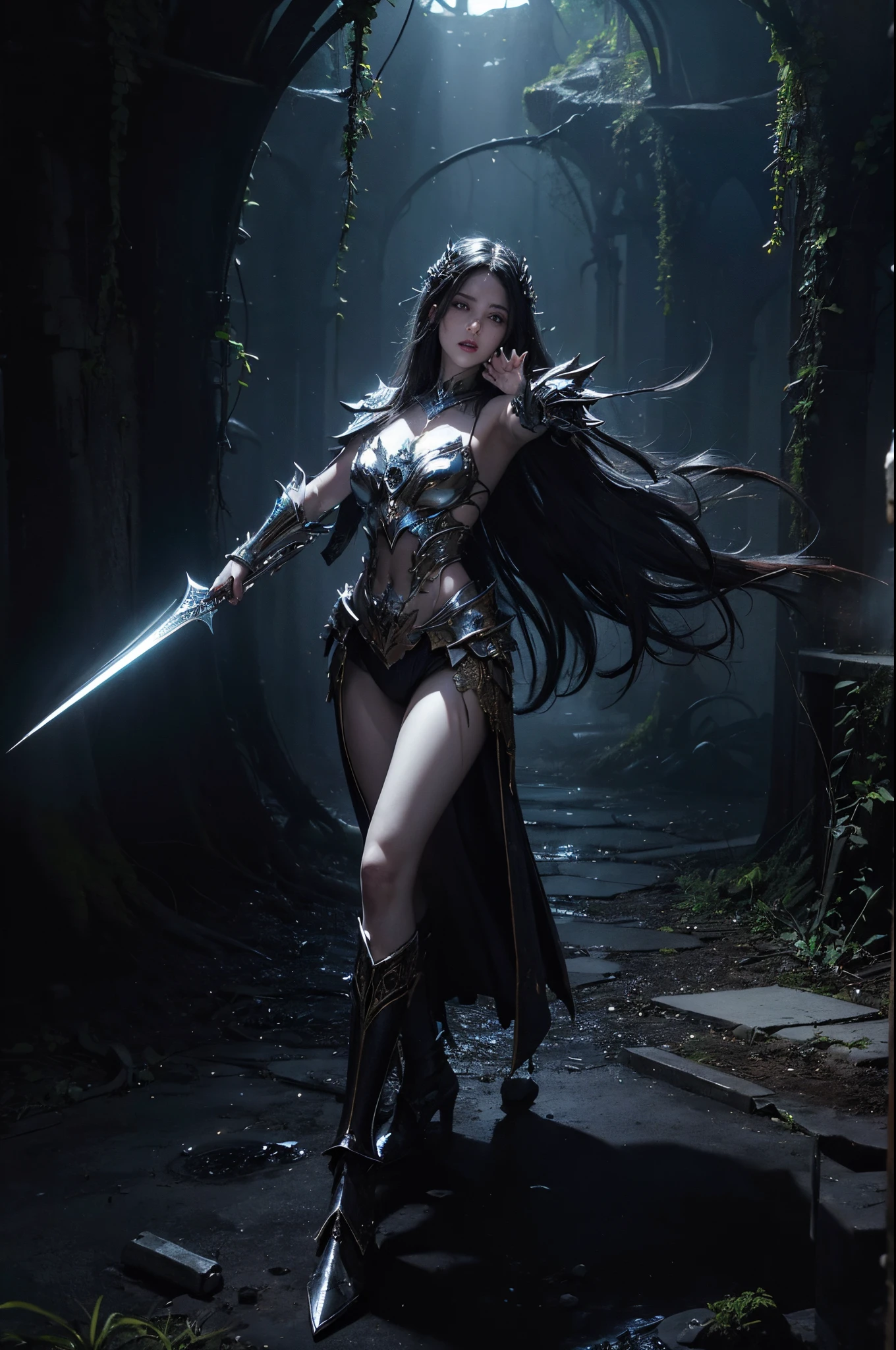 Full body shot, (photorealistic, realistic), masterpiece, absurdres, highres, high quality, ultra detailed, beautiful and aesthetic, horror (theme), 1girl, dynamic pose, shiny skin, (holding weapon), enchanted armor, ancient, intricate details, expressive drips, (energetic movement), (sense of depth), glowing aura, in the depths of a gloomy dungeon, illuminated by divine light, (perfect lighting), (mysterious scenery), magical lighting, skull, blood, blood splatter,