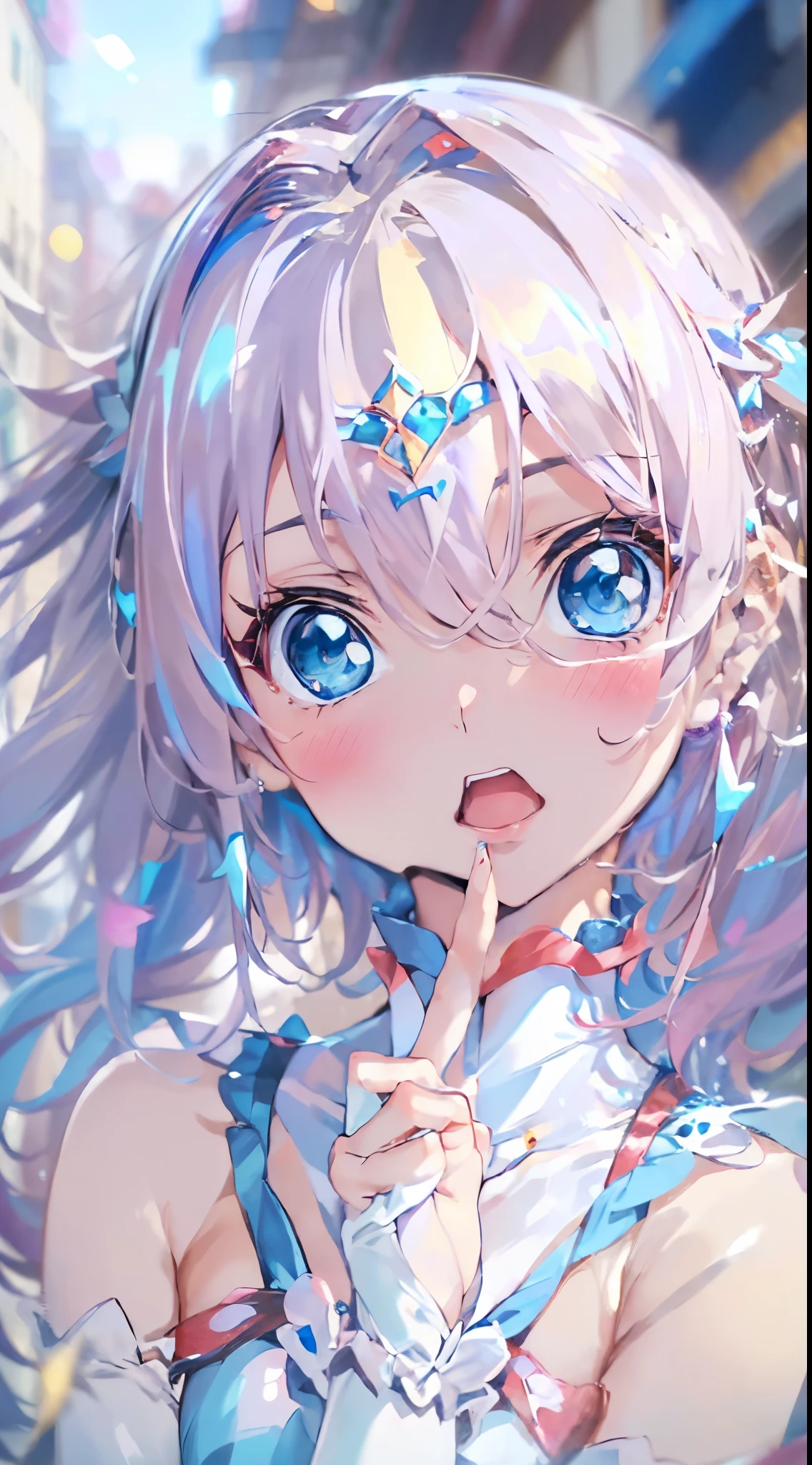 1womanl,,12year old ,((Impatient expression)),Beautiful breasts,(((Sexy magical girl white and blue high-leg bodysuit)))(())(((Blushing cheeks、Surprised look)),((())),((( portlate))),Blue eyes,(((Bangs are aligned)))()Street,Crowds(magical girl hair ornament)