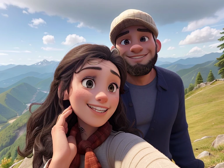 there is a man and woman taking a selfie on a mountain, with mountains in the background, with mountains in background, with mountains as background, in mountains, on a mountain, lovely couple, mountains in the background, moutain in background, mountain in the background, hills in the background, in the mountains, ghutra and egal, jungles in the background