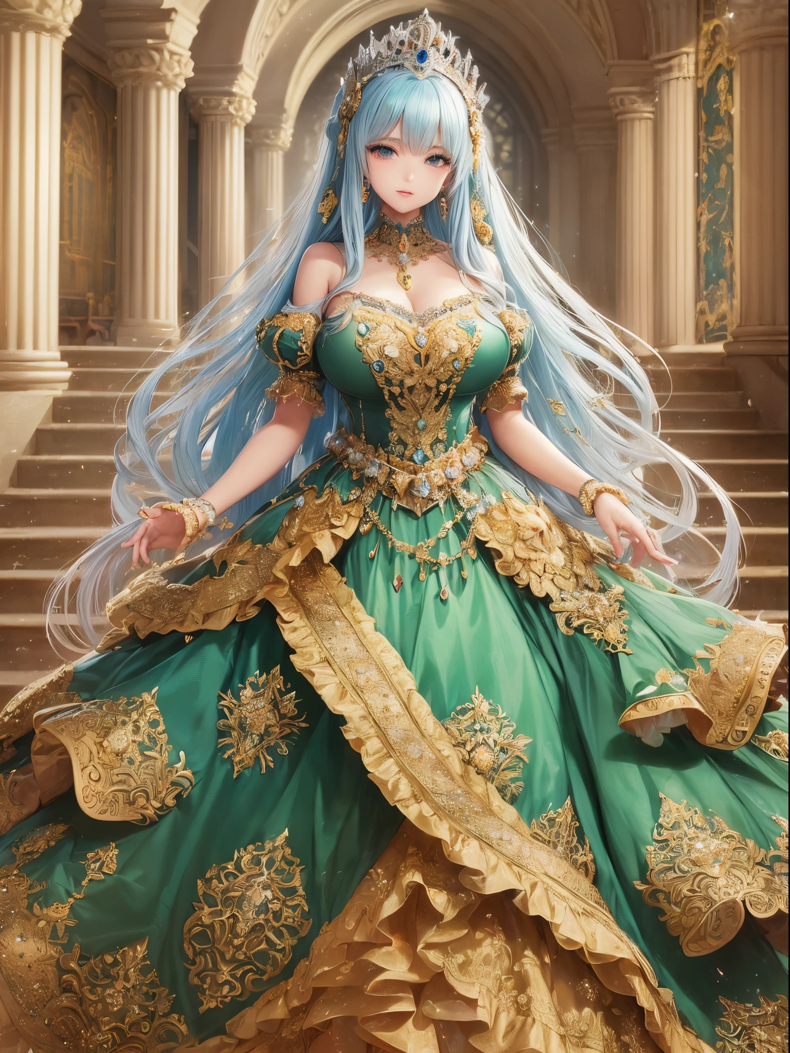 ultra-detailed, extremely detailed,((anime artstyle)),Masterpiece,(Best Quality),(Super Detail),(Very Delicate and Beautiful),((Solo)),((full body)),full body,((detailed face and eyes)),perfect eyes, rendered eyes,jewel-like beautiful eyes,((1 princess in beautiful embroidery and jeweled gorgeous rococo ballgown with frilled voluminous full length hoop skirt)),((Crinoline)),beautiful embroidery and jeweled gorgeous rococo ballgown with frilled voluminous full length hoop skirt,(large amount of straight hair,extremely voluminous Very Long straight Hair,Absolutely Long Straight Hair),sparkly skin,(((very gigantic boobs,skindentation))),Bursting breasts,cleavage,((fantasy castle,outdoors,outside the castle)),long_gloves,extremely gorgeousfull jeweled hair ornament,(bling-bling extremely gorgeousfull jeweled tiara),(luxurious jewelry),full body,beautiful embroidery and jeweled gorgeous rococo ballgown with frilled voluminous full length hoop skirt