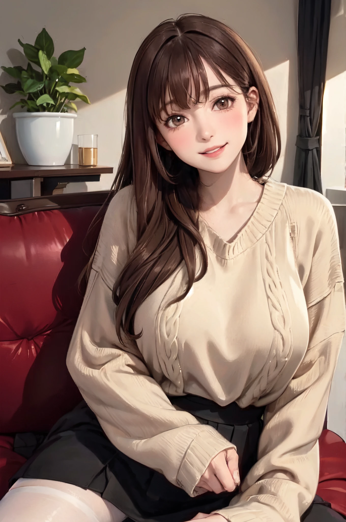 1lady standing, /(oversized sweater/) v-neck, mature female, /(brown hair/) bangs, blush kind smile, (masterpiece best quality:1.2) delicate illustration ultra-detailed, large breasts pantyhose BREAK /(modern house living room/) indoors