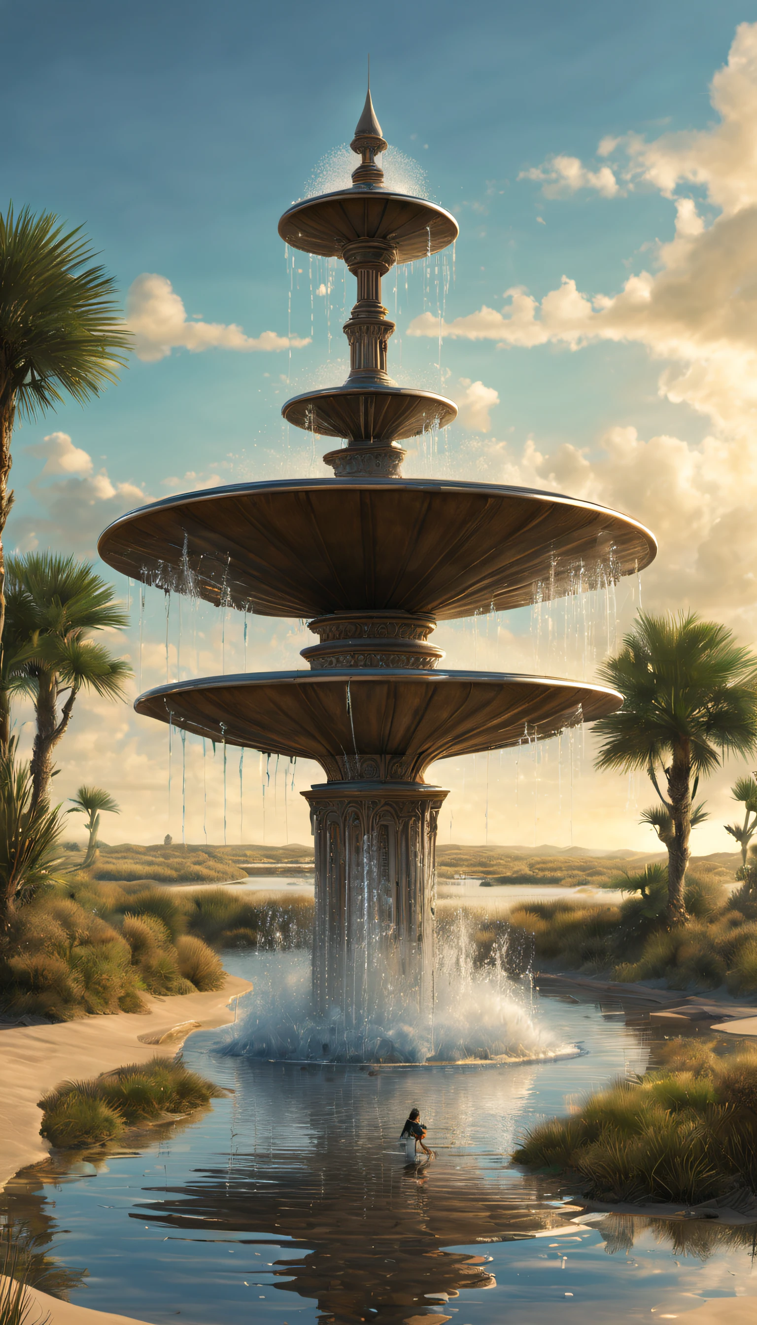 sci-fy, Semi-mechanical fountain sprays out huge amounts of water，（sand dune），The fountain，Marshlands，Reflection in the water， Complex structure,,Punk style，gerald bloom style