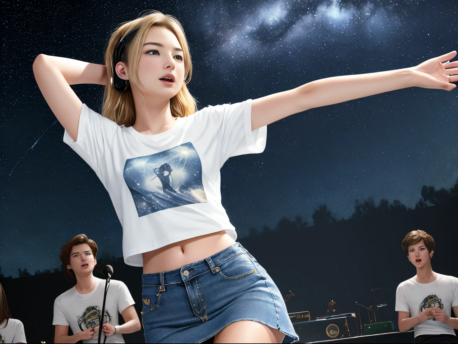 top quality 32k raw photo of 18-year-old Emily VanCamp wearing white T shirt and jeans skirt and headphone. navel look. she is on the stage dancing. night. starry sky.