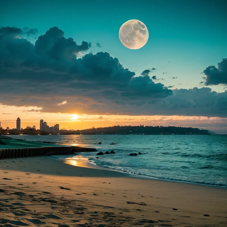 landscape shot Sunset Moon the beach Snow-white sandy beach Superb view Brink waterface cruiser day scene Buildings Emerald green tsunami