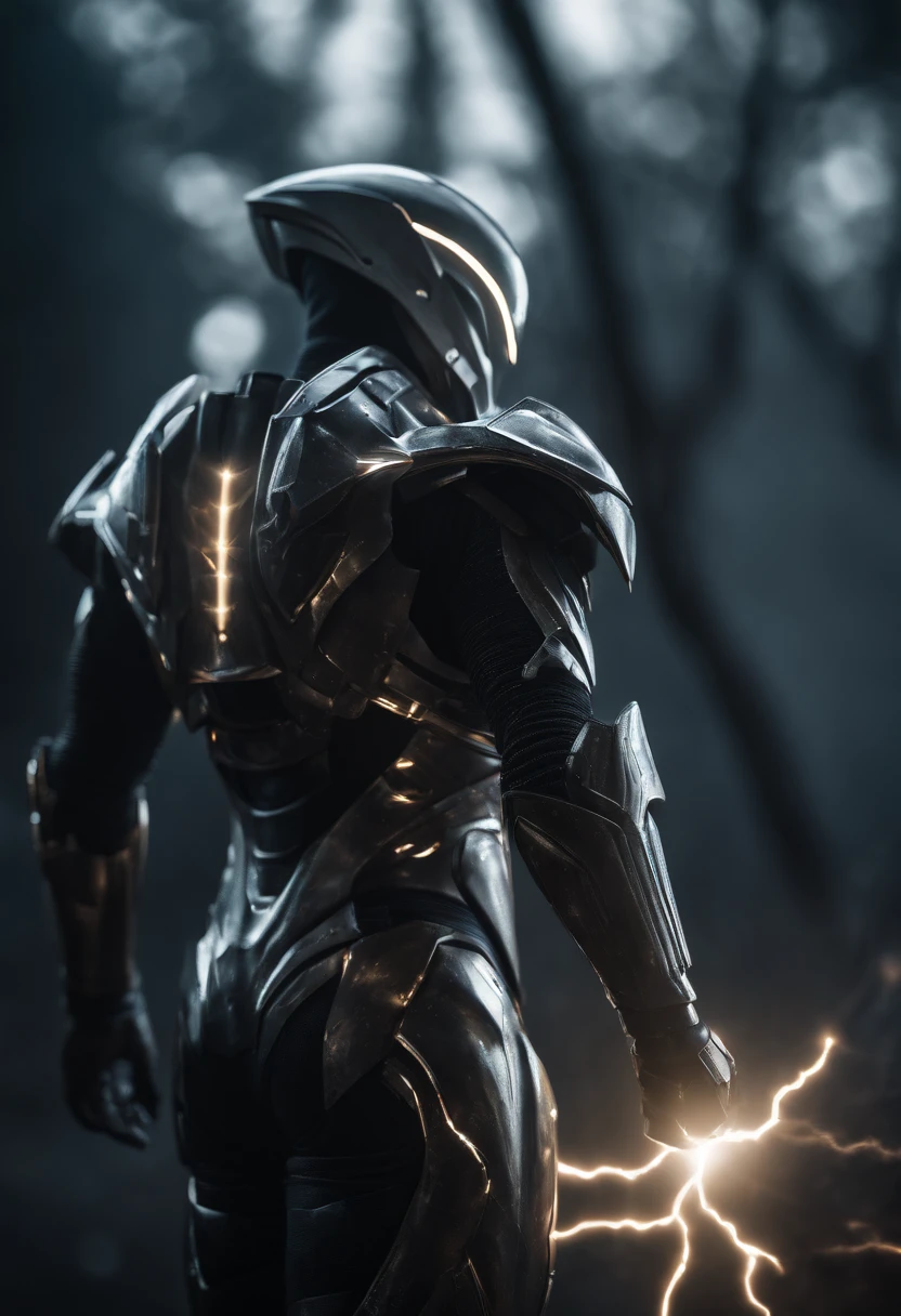 best quality, masterpiece, high resolution, star warrior, Silver tech armor, dynamic pose, alien ground, extreme lightning, scattered random lights, whisper, fractal, high resolution, 8K