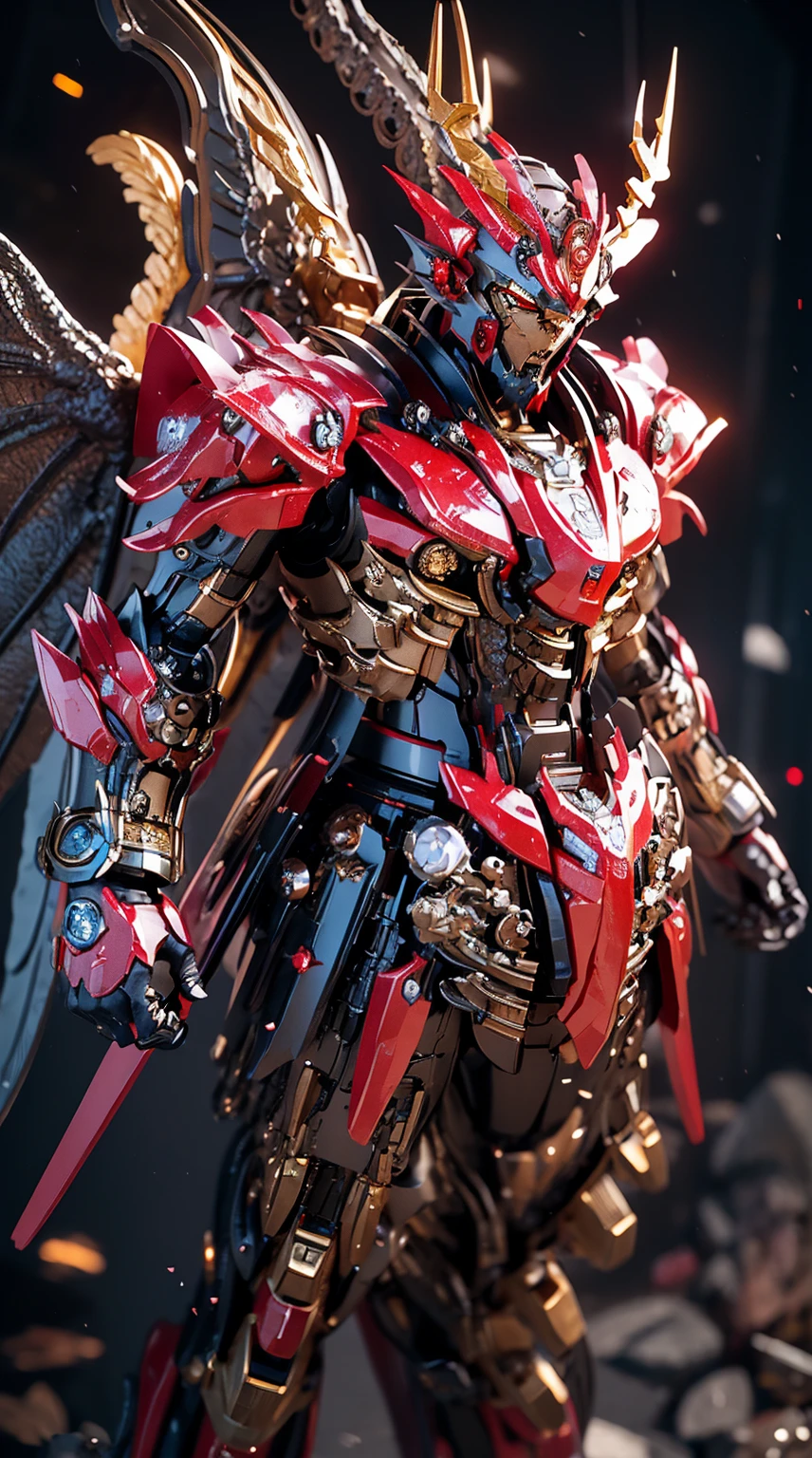Generate an awe-inspiring full-body shot of a Dragon King mech, a regal and mighty force in the futuristic realm. The armor should be adorned with majestic dragon-inspired design elements, featuring intricate scales, imposing wings, and fearsome claws. Incorporate metallic gold, silver, and iridescent hues to evoke a sense of royal splendor. Equip the mech with dragon-themed weaponry, perhaps a fiery breath cannon or claws imbued with elemental power. The helm should have a crown-like structure, and the eyes should emit a commanding and fiery light. Proportions should convey both the grandeur of a dragon and the strength of a king, showcasing the mech's imposing presence. The pose should exude authority and power, as if the Dragon King mech is ready to rule the futuristic battlefield. The background, if any, should complement the majestic theme, perhaps with a mythical landscape or a futuristic kingdom. This Dragon King mech is a symbol of supremacy and elemental might, a ruling force on the futuristic battlefield."