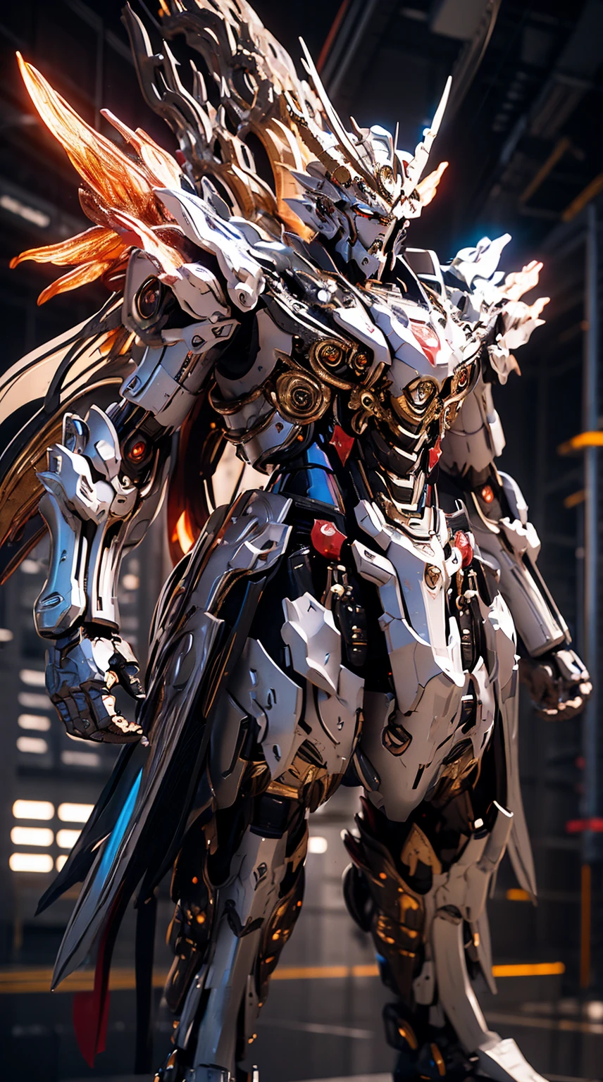 Generate an awe-inspiring full-body shot of a Dragon King mech, a regal and mighty force in the futuristic realm. The armor should be adorned with majestic dragon-inspired design elements, featuring intricate scales, imposing wings, and fearsome claws. Incorporate metallic gold, silver, and iridescent hues to evoke a sense of royal splendor. Equip the mech with dragon-themed weaponry, perhaps a fiery breath cannon or claws imbued with elemental power. The helm should have a crown-like structure, and the eyes should emit a commanding and fiery light. Proportions should convey both the grandeur of a dragon and the strength of a king, showcasing the mech's imposing presence. The pose should exude authority and power, as if the Dragon King mech is ready to rule the futuristic battlefield. The background, if any, should complement the majestic theme, perhaps with a mythical landscape or a futuristic kingdom. This Dragon King mech is a symbol of supremacy and elemental might, a ruling force on the futuristic battlefield."
