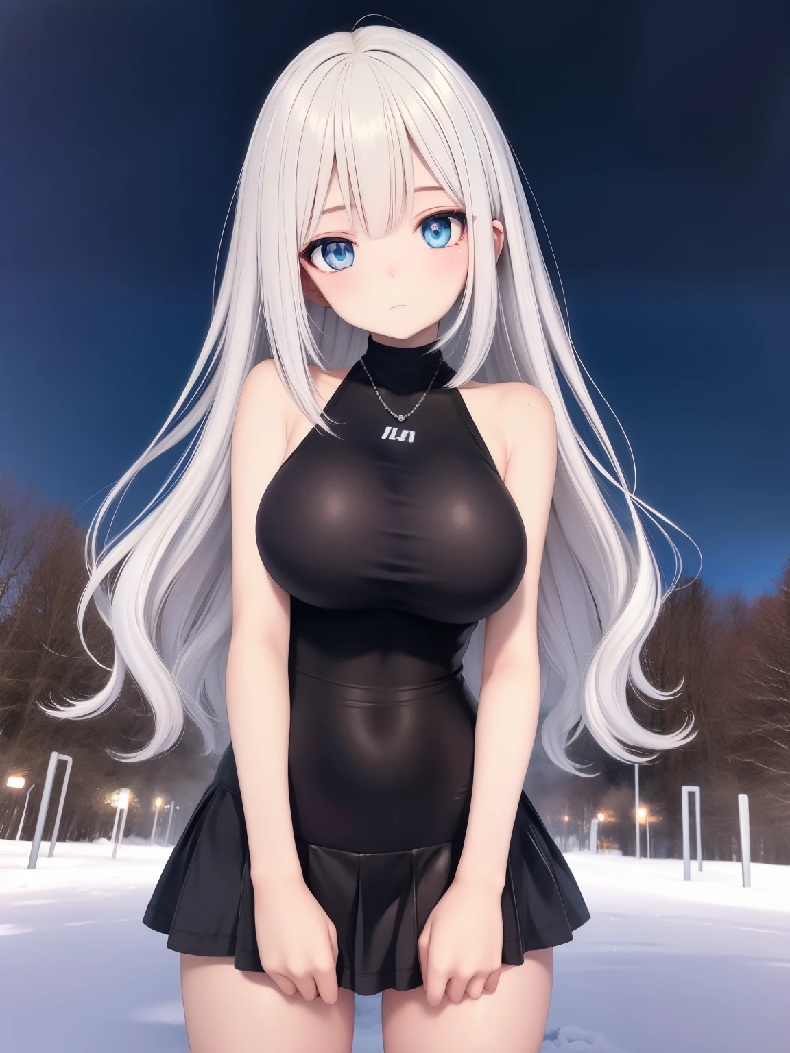 big breasts beautiful, Young woman, In the crystal and ice zone, drifting snow, White hours, Gradient hair, White hair, white hairs, twintailhair, eyes reflection, disdain, Ray traching, reflective light, blurry, Glowing light, depth of fields, lightand shade contrast, stereograms, zoom layer, cowboy lens, f/2.8, Bokeh, tmasterpiece, best qualtiy, high qulity, k hd,upper body