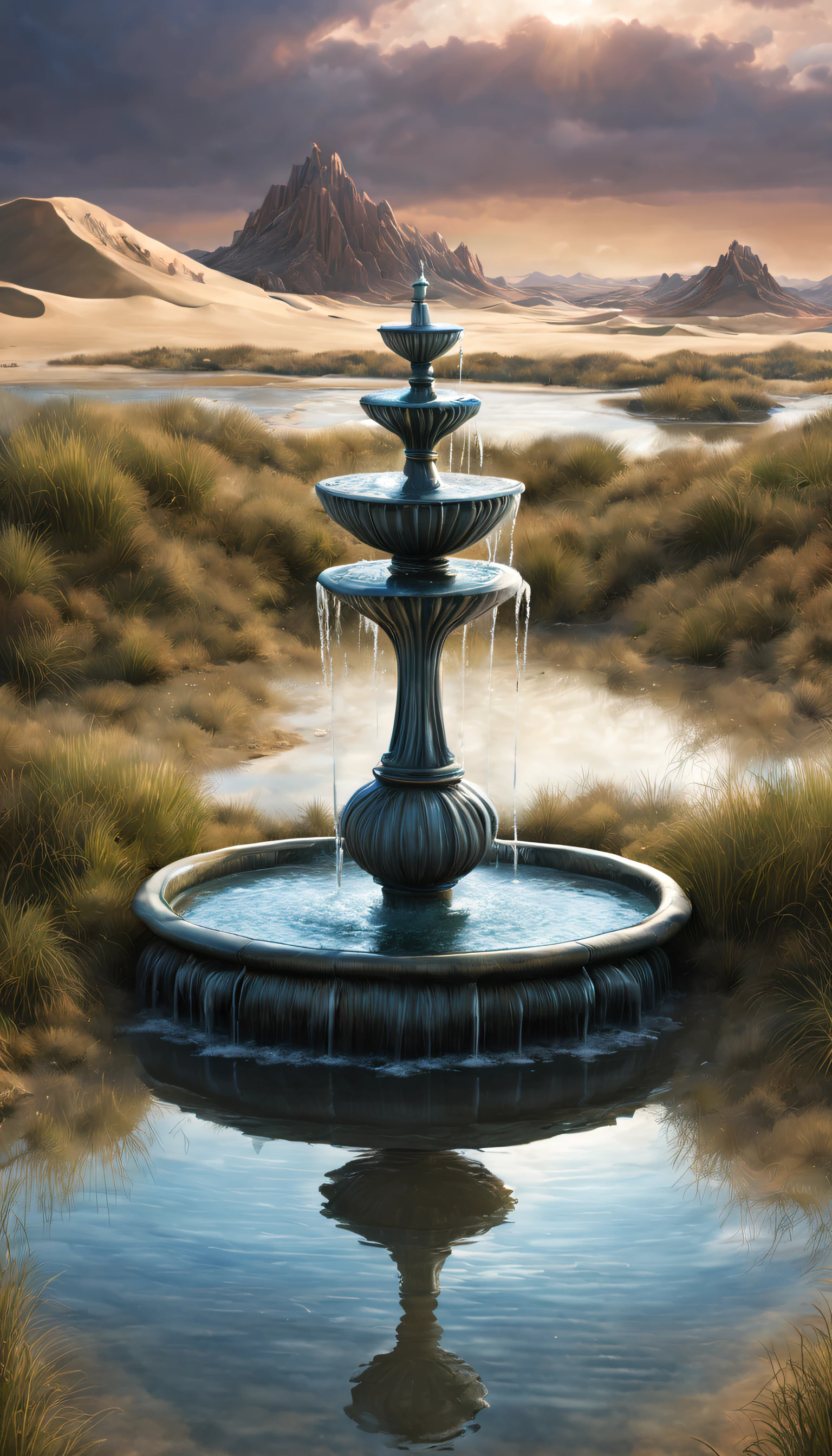 sci-fy, Semi-mechanical fountain sprays out huge amounts of water，（sand dune），The fountain，Marshlands，Reflection in the water， Complex structure,,punky style，gerald bloom style