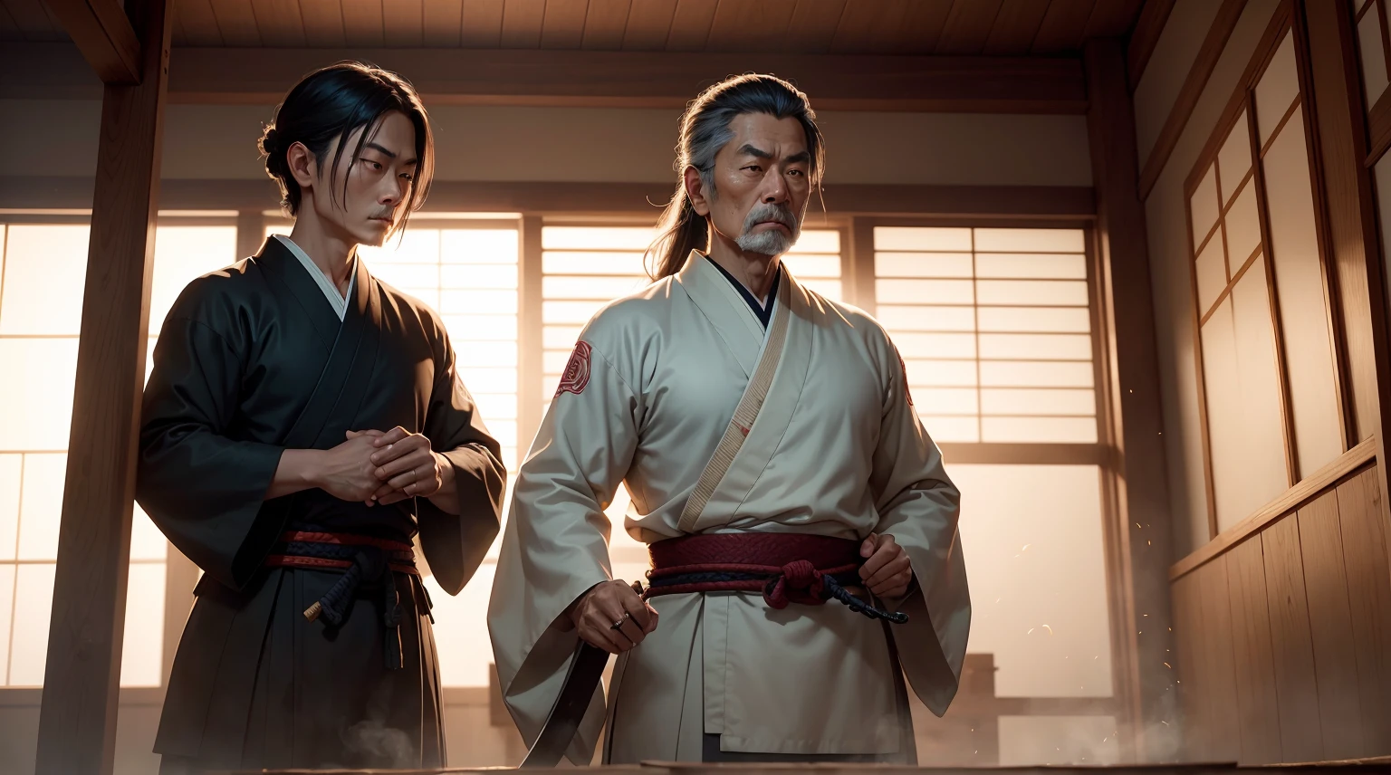 "best quality, ultra-detailed, realistic:1.37, HDR, professional, vivid colors, bokeh, 4k, martial arts, elderly samurai sensei, traditional Japanese dojo, practicing samurai techniques, focused and intense, inspired by Miyamoto Musashi, katana sword, precision and agility, masterful movements, elegance and power, traditional kimono attire, zen-like concentration, incense-filled atmosphere, wooden training dummies, polished wooden floor, rays of sunlight streaming through the windows, disciplined and dedicated, years of experience and wisdom, calm and composed expression, intense gaze, symbolic cherry blossom motif, ancient Samurai code, honor and respect, dedication to the way of the warrior, timeless martial art legacy, inspiring the next generation."