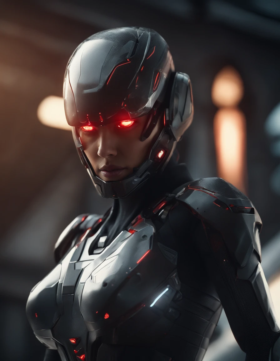 Woman, 18 years old,((best quality)), ((masterpiece)), (detailed), Midjourney Style, close-up, robot, red eyes, concept art, inspired by Marek Okon, digital art, Crysis Nanosuit, futuristic, (glowing elements:1.1), 4:3 aspect ratio, dynamic duo，upper body