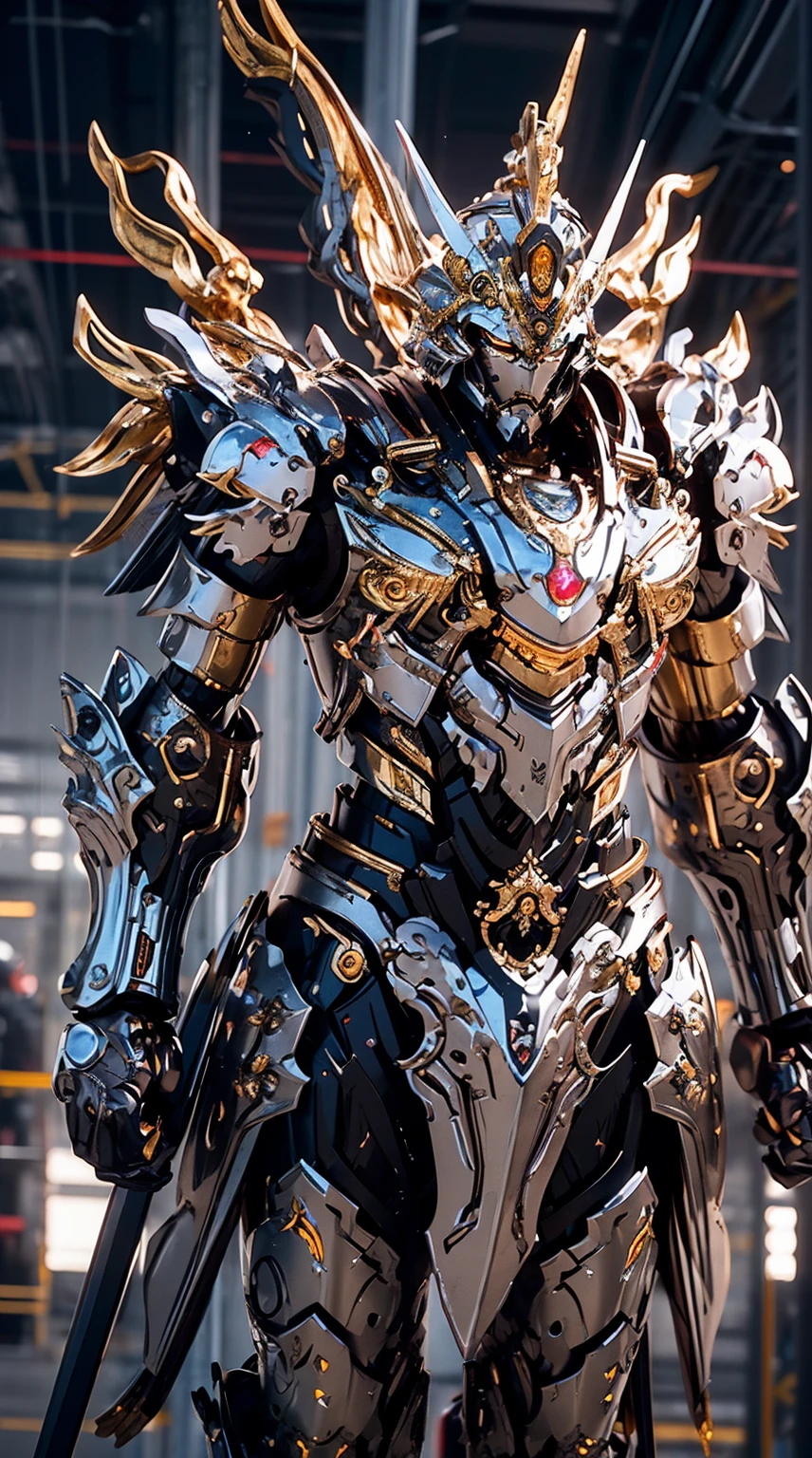 Generate a commanding full-body shot of a Warrior King mech, a regal and formidable force in the futuristic realm. The armor should be adorned with intricate royal designs, featuring symbols of power and strength. Incorporate noble metallic tones, such as gold and silver, to convey a sense of royal majesty. Equip the mech with a grand sword or a weapon befitting a warrior king, showcasing both elegance and might. The helm should have a crown-like structure, and the eyes should emit a determined and authoritative light. Proportions should convey both the grandeur of a king and the strength of a seasoned warrior, showcasing the mech's imposing presence. The pose should exude authority and readiness for battle, as if the Warrior King mech is prepared to lead with valor on the futuristic battlefield. The background, if any, should complement the royal theme, perhaps with banners or a futuristic castle. This Warrior King mech is a symbol of leadership and martial prowess, a ruling force on the futuristic battlefield