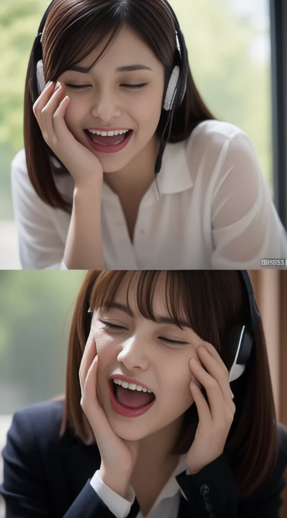 The face is a hostess、Wearing a headset、Business jacket、hiquality、A hyper-realistic、healthy、Smiling expression、Slender perfect figure、Japan beauties、beautidful eyes、face perfect、Beautiful skin、by the window、s OfficeＢＴThree fingers of the molester are inserted into the smeared with a powerful aphrodisiac, and the pleasure of being moved recklessly closes both eyes with a face that is dyed crimson so much that even the ears seem abnormal.『feels good〜　more　more　Ikiso　orgasm　orgasm　I'll go〜』- She screamed and reached a fierce climax