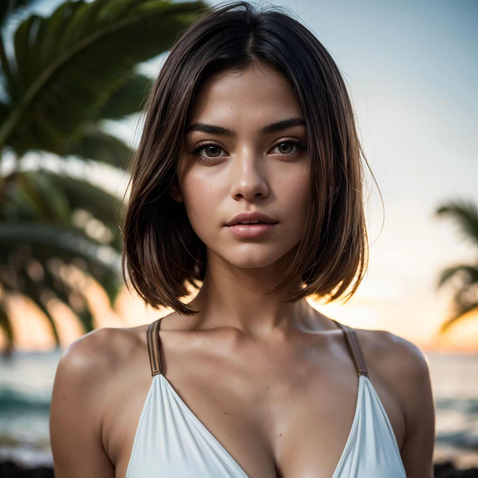 masutepiece, Best Quality, Photorealsitic, Ultra-detailed, finely detail, hight resolution, 8k wallpaper, RAW color photo, Professional, high level of detail, (detailed brown eyes), foco nítido, awardwinning photo, ((Facing the front)), ((Look at viewers)), Small light, Low contrast, Facial symmetry, depth of fields, Cinematic background, central image, Lights up softly, (finely detailed skin), pale skin, Realistic skin texture, Extreme skin details, (pores: 0.1), small bust with good shape, , slim figure, Hourglass body shape, ((women named Ava in Hawaii)),