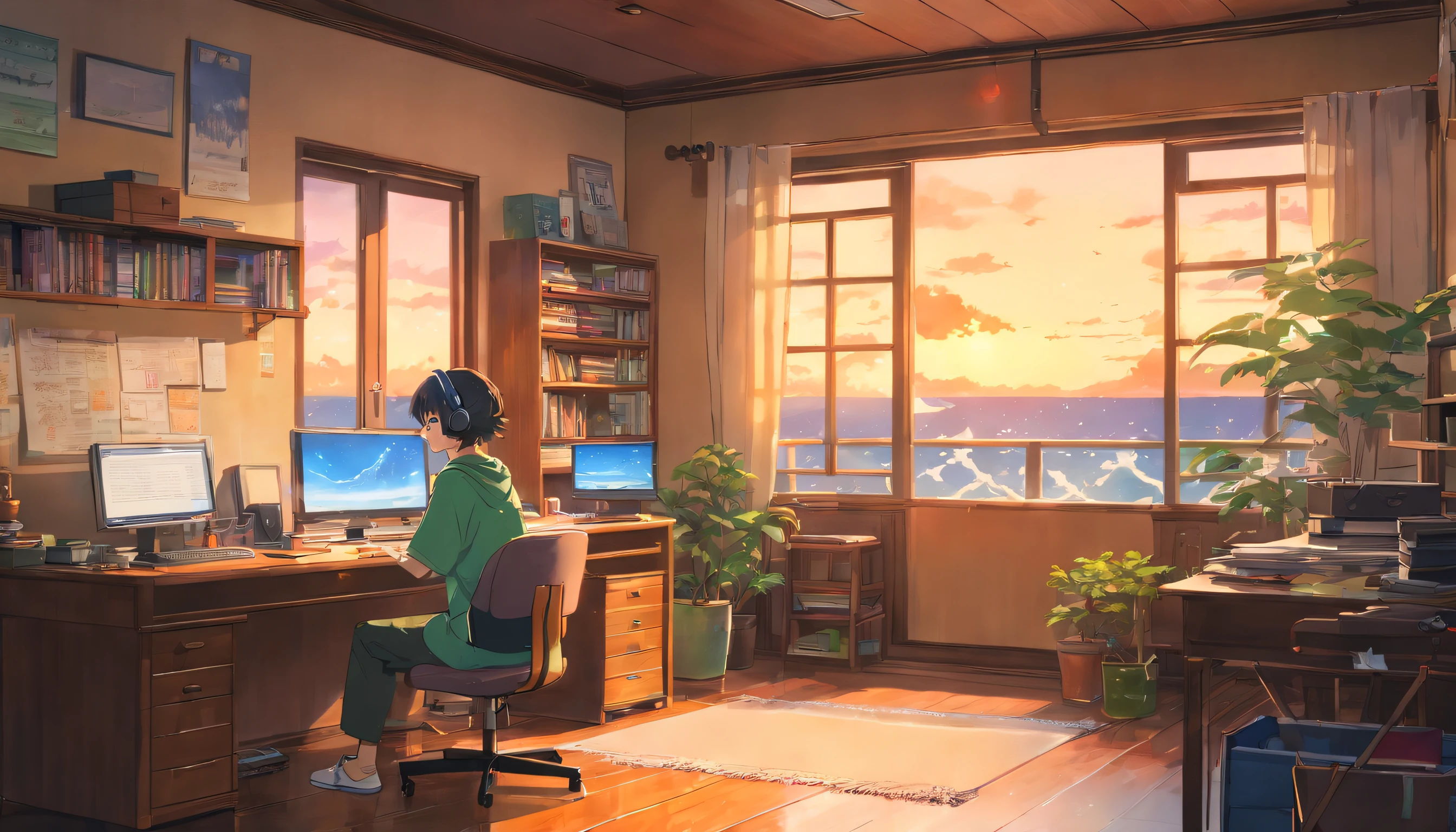 (best quality,4k,8k,highres,masterpiece:1.2),ultra-detailed,(realistic,photorealistic,photo-realistic:1.37),a man studying in his room,reading a book,wearing headphones,a night lamp,a rainy neon landscape,simulated color theme,lo-fi hip-hop music,retro,flat,2.5 days,draw a line,sumi-e painting,large gradients,watercolor painting,antique colors,Studio Ghibli style,vibrant and colorful,outdoors,synthetic waves,lo-fi art,90s style,old texture,amplitude,90s atmosphere,on a desk,incredible techniques,16:9 scale