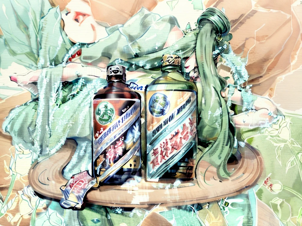 Painting with a bottle of wine, Inspired by Chunguang Zhaibeizhou, 4 0 k, 40k, Covered with Chinese ads, Inspired by Ryusei Kishida, Inspired by Tsuchida Bakusen, inspired by Dong Yuan, drinking, in the style of akira