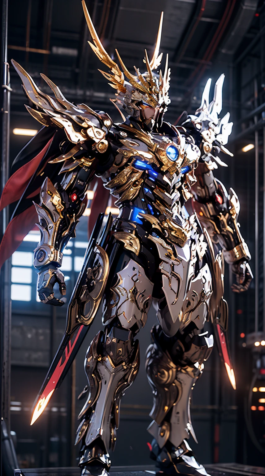 Generate a mesmerizing full-body shot of a Mage King mech, a sovereign and magical force in the futuristic realm. The armor should be adorned with intricate arcane symbols, shimmering with magical energy. Incorporate regal tones, such as deep purples, royal blues, and gold, to convey a sense of mystical majesty. Equip the mech with a staff or a magical weapon befitting a mage king, emanating arcane power. The helm should have a crown-like structure, and the eyes should glow with the brilliance of ancient spells. Proportions should convey both the grandeur of a king and the mastery of a powerful mage, showcasing the mech's imposing presence. The pose should exude a combination of regal authority and magical prowess, as if the Mage King mech is ready to wield formidable spells on the futuristic battlefield. The background, if any, should complement the magical theme, perhaps with ethereal energies or a futuristic enchanted palace. This Mage King mech is a symbol of arcane leadership and magical dominion, a ruling force on the futuristic battlefield.