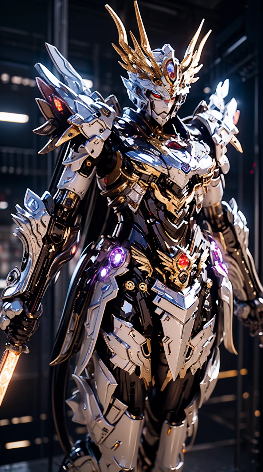 Generate a mesmerizing full-body shot of a Mage King mech, a sovereign and magical force in the futuristic realm. The armor should be adorned with intricate arcane symbols, shimmering with magical energy. Incorporate regal tones, such as deep purples, royal blues, and gold, to convey a sense of mystical majesty. Equip the mech with a staff or a magical weapon befitting a mage king, emanating arcane power. The helm should have a crown-like structure, and the eyes should glow with the brilliance of ancient spells. Proportions should convey both the grandeur of a king and the mastery of a powerful mage, showcasing the mech's imposing presence. The pose should exude a combination of regal authority and magical prowess, as if the Mage King mech is ready to wield formidable spells on the futuristic battlefield. The background, if any, should complement the magical theme, perhaps with ethereal energies or a futuristic enchanted palace. This Mage King mech is a symbol of arcane leadership and magical dominion, a ruling force on the futuristic battlefield.
