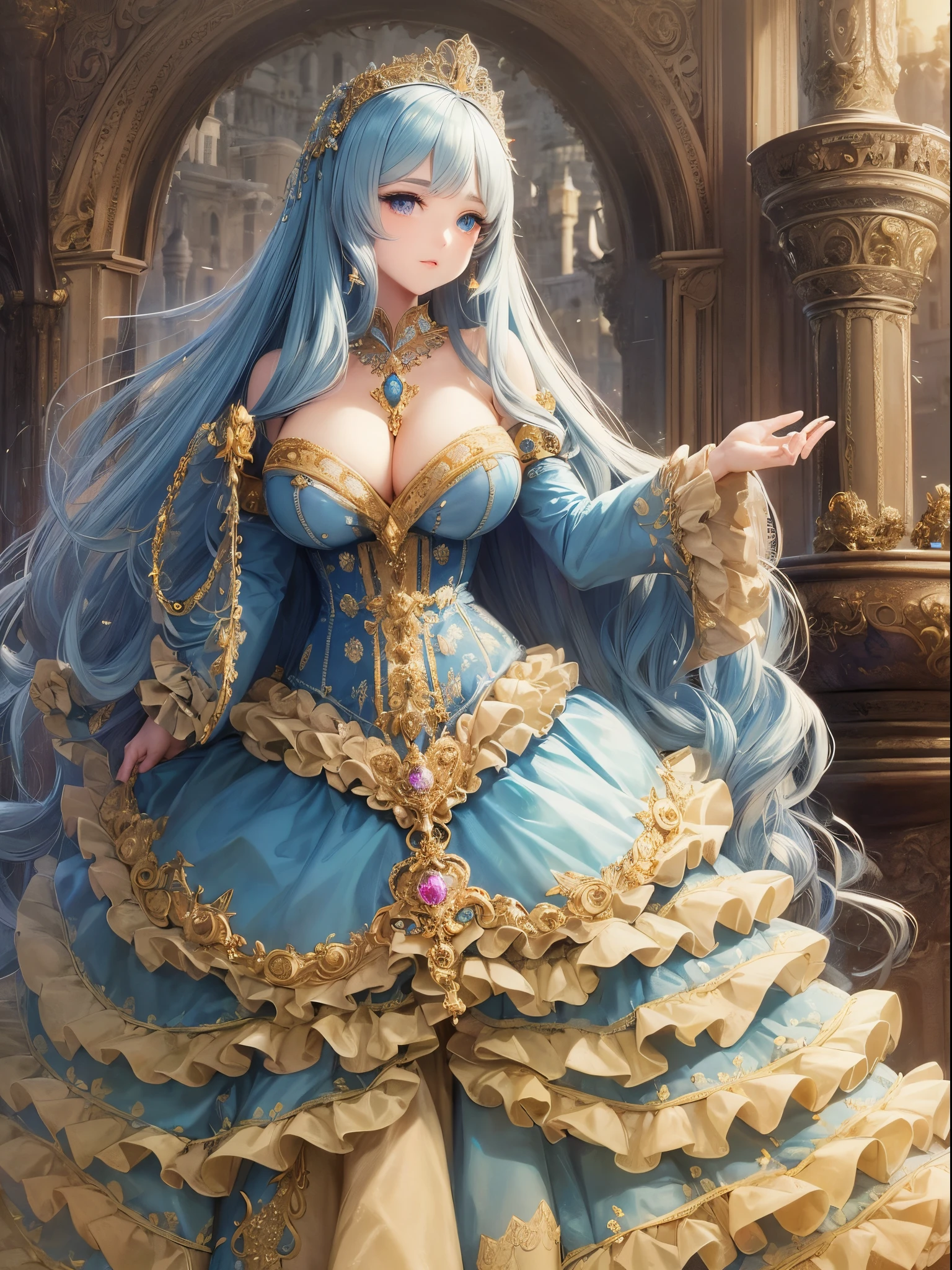 ultra-detailed, extremely detailed,((anime artstyle)),Masterpiece,(Best Quality),(Super Detail),(Very Delicate and Beautiful),((Solo)),(((full body))),full body,((detailed face and eyes)),perfect eyes, rendered eyes,jewel-like beautiful eyes,((1 princess in beautiful embroidery and jeweled gorgeous rococo ballgown with frilled voluminous full length hoop skirt)),((Crinoline)),beautiful embroidery and jeweled gorgeous rococo ballgown with frilled voluminous full length hoop skirt,(large amount of straight hair,extremely voluminous Very Long straight Hair,Absolutely Long Straight Hair),sparkly skin,(((very gigantic boobs,skindentation))),Bursting breasts,cleavage,((fantasy castle,outdoors,outside the castle)),long_gloves,extremely gorgeousfull jeweled hair ornament,(bling-bling extremely gorgeousfull jeweled tiara),(luxurious jewelry),full body,beautiful embroidery and jeweled gorgeous rococo ballgown with frilled voluminous full length hoop skirt