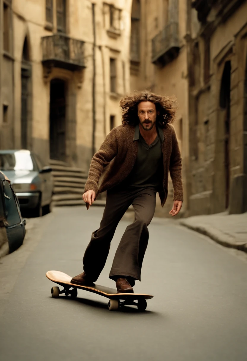 A boomerang video of Sirius skateboarding down a winding street, doing tricks and jumps with a big smile on his face.,Harry Potter and the Prisoner of Azkaban,Sirius is tall with shaggy curly brown hair, with brown eyes and a goatee. Famously portrayed by Gary Oldman