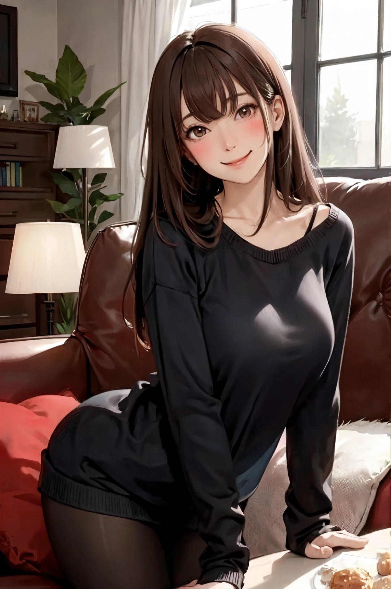 1lady standing, /(oversized sweater/) v-neck, mature female, /(brown hair/) bangs, blush kind smile, (masterpiece best quality:1.2) delicate illustration ultra-detailed, large breasts pantyhose BREAK /(modern house living room/) indoors