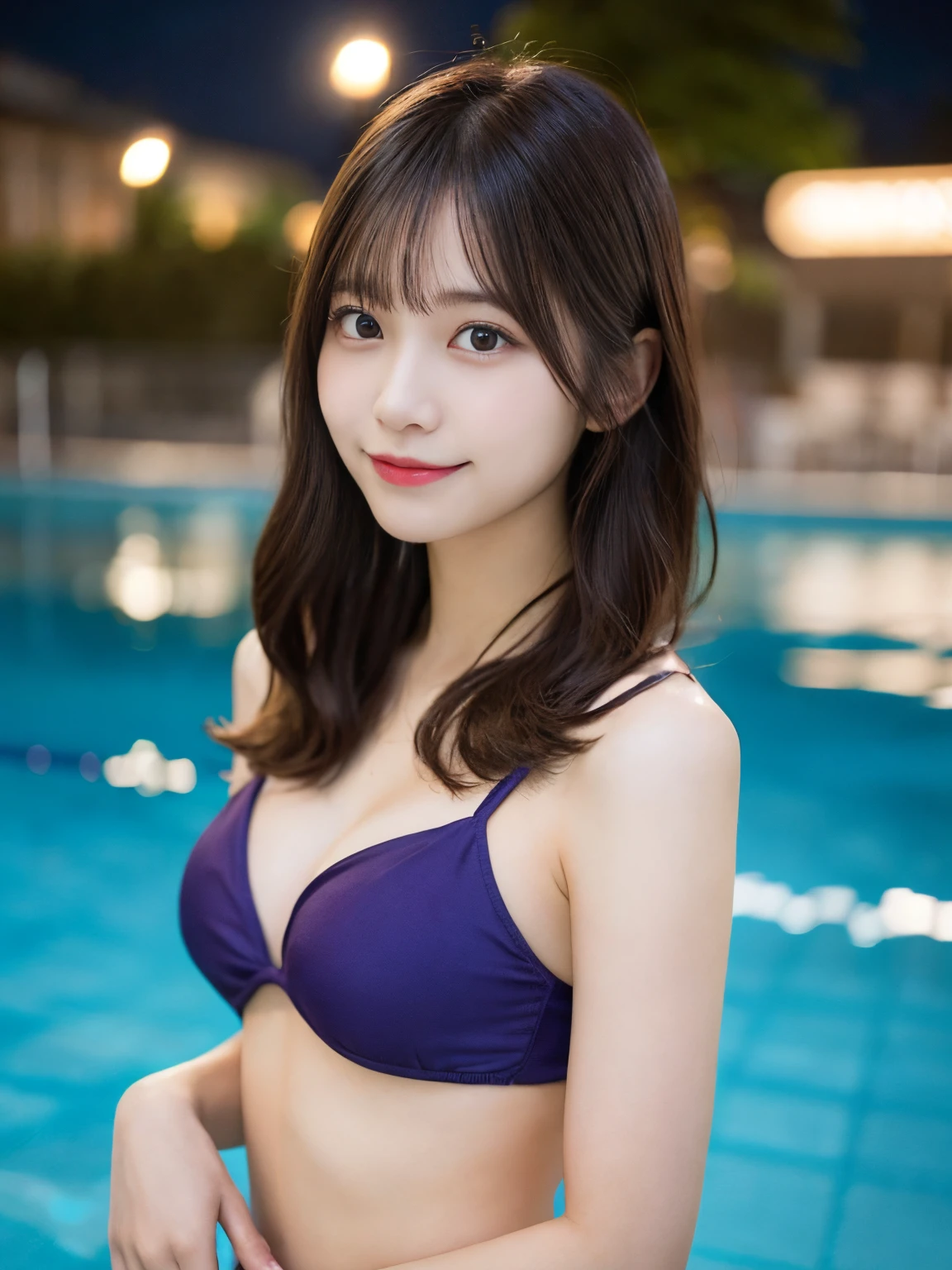 masutepiece, Best Quality, Illustration, Ultra-detailed, finely detail, hight resolution, 8K Wallpaper, Perfect dynamic composition, Beautiful detailed eyes, she is wearing a purple bikini swimsuit,Medium Hair,Natural Color Lip, Bold sexy poses,Smile,Harajuku、20 years girl、Cute、Sexy shot looking at camera、C Cup、Brown hair、caste-like face、Blurry night pool background