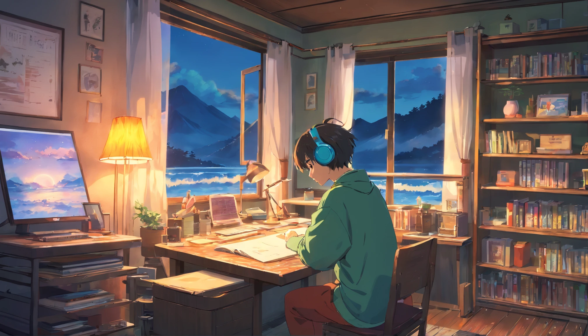 (best quality,4k,8k,highres,masterpiece:1.2),ultra-detailed,(realistic,photorealistic,photo-realistic:1.37),a man studying in his room,reading a book,wearing headphones,a night lamp,a rainy neon landscape,simulated color theme,lo-fi hip-hop music,retro,flat,2.5 days,draw a line,sumi-e painting,large gradients,watercolor painting,antique colors,Studio Ghibli style,vibrant and colorful,outdoors,synthetic waves,lo-fi art,90s style,old texture,amplitude,90s atmosphere,on a desk,incredible techniques,16:9 scale