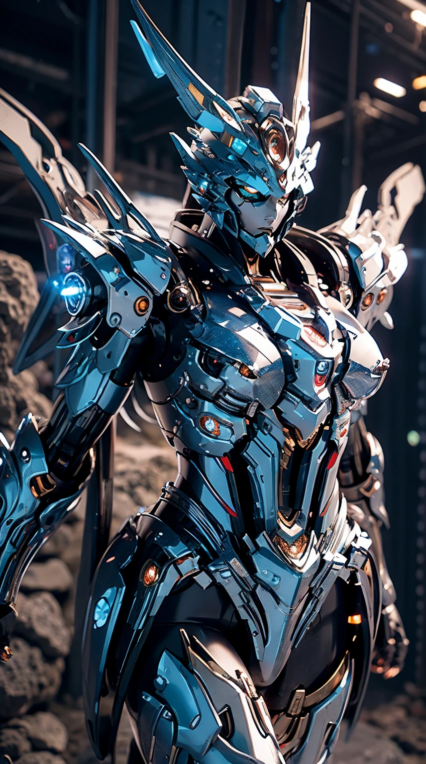 Generate a majestic full-body shot of a Sea King mech, a sovereign and awe-inspiring force in the futuristic realm. The armor should be adorned with intricate aquatic designs, featuring elements inspired by the depths of the ocean. Incorporate oceanic hues, such as deep blues, greens, and silvery tones, to convey a sense of underwater grandeur. Equip the mech with trident-like weaponry or other sea-inspired tools, reflecting the authority of a Sea King. The helm should have a crown with aquatic motifs, and the eyes should emit a mysterious and commanding light. Proportions should convey both the regality of a king and the essence of the sea, showcasing the mech's imposing presence. The pose should exude authority and a connection to the depths, as if the Sea King mech is ready to rule both land and sea on the futuristic battlefield. The background, if any, should complement the aquatic theme, perhaps with waves or a futuristic underwater kingdom. This Sea King mech is a symbol of marine leadership and futuristic dominion, a ruling force in both realms