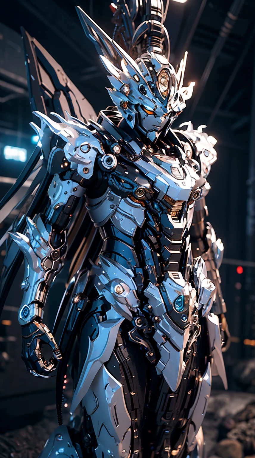 Generate a majestic full-body shot of a Sea King mech, a sovereign and awe-inspiring force in the futuristic realm. The armor should be adorned with intricate aquatic designs, featuring elements inspired by the depths of the ocean. Incorporate oceanic hues, such as deep blues, greens, and silvery tones, to convey a sense of underwater grandeur. Equip the mech with trident-like weaponry or other sea-inspired tools, reflecting the authority of a Sea King. The helm should have a crown with aquatic motifs, and the eyes should emit a mysterious and commanding light. Proportions should convey both the regality of a king and the essence of the sea, showcasing the mech's imposing presence. The pose should exude authority and a connection to the depths, as if the Sea King mech is ready to rule both land and sea on the futuristic battlefield. The background, if any, should complement the aquatic theme, perhaps with waves or a futuristic underwater kingdom. This Sea King mech is a symbol of marine leadership and futuristic dominion, a ruling force in both realms