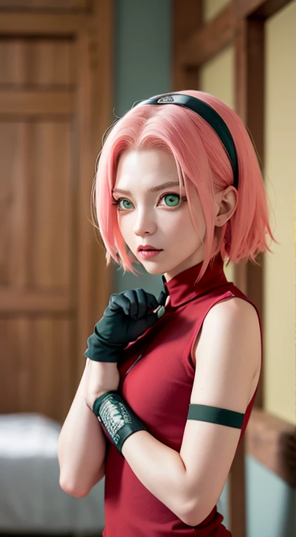 sakuraharuno, sakura haruno, (green eyes:1.5), hairband, short hair, pink hair, (small breast:1.2),
BREAK bare shoulders, black gloves, forehead protector, gloves, konohagakure symbol, ninja, (red shirt:1.5), shirt, sleeveless, sleeveless shirt,
BREAK looking at viewer,
BREAK indoors, bed,
BREAK (masterpiece:1.2), best quality, high resolution, unity 8k wallpaper, (illustration:0.8), (beautiful detailed eyes:1.6), extremely detailed face, perfect lighting, extremely detailed CG, (perfect hands, perfect anatomy),