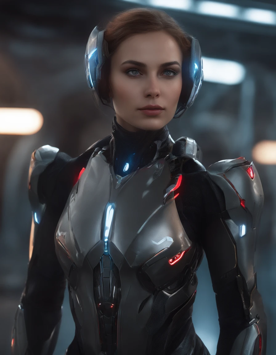Woman, 18 years old,((best quality)), ((masterpiece)), (detailed), Midjourney Style, close-up, robot, red eyes, concept art, inspired by Marek Okon, digital art, Crysis Nanosuit, futuristic, (glowing elements:1.1), 4:3 aspect ratio, dynamic duo,upper body