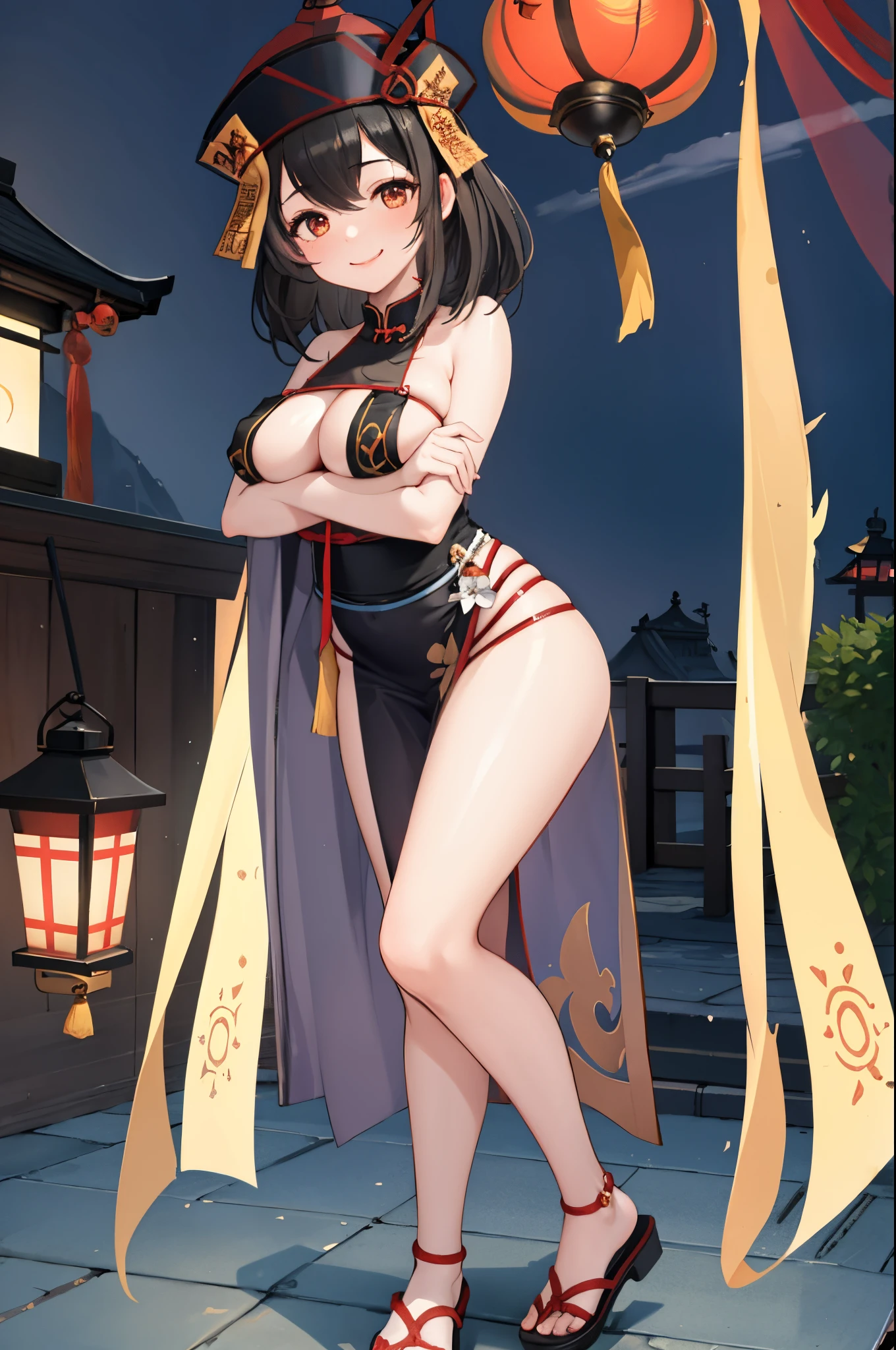 masterpiece,1girl,solo,black hair,underboob, hat, light_smile, ofuda, china dress, crossed arms, full body, outdoors, hanging lantern, night, higashi setsuna,