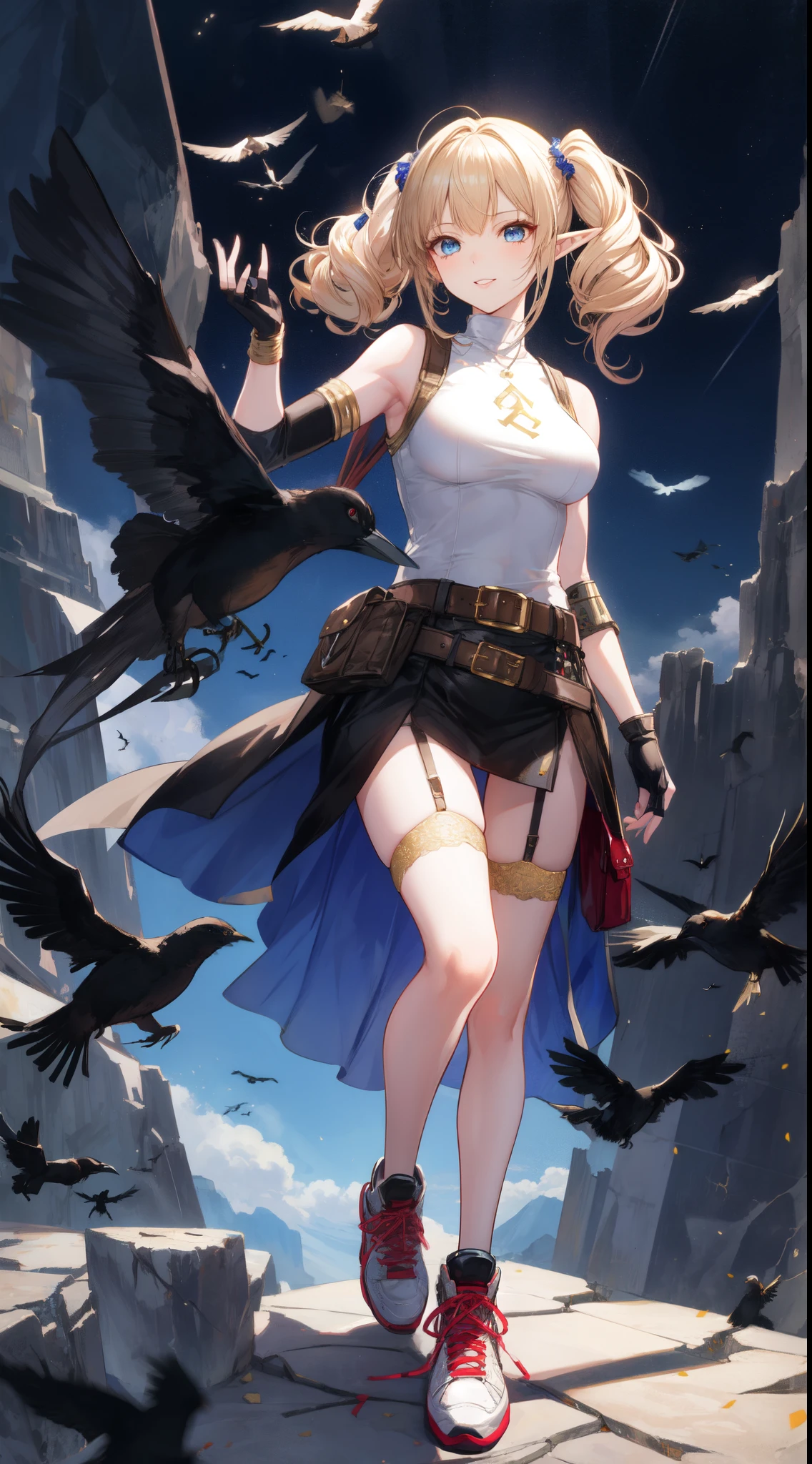 (masterpiece, best quality: 1.3), (ultra-detailed, cinematic lighting), (illustration), (beautiful detailed face, eyes), concept art, (Elf), (1girl), (white Blonde, Curly hair, twintails), blue Eyes, Tilting Head, light Smile, light pink lips, big breast, full body, (sleeveless turtle-neck), (shoulder armor, gold trim, fingerless gloves, black gloves, brown belt, pouch, garter belt : 1.2), (air Jordan sneakers), (high tops), (standing on cracked rocks: 1.1), wide angle, medium shot, (cracked architecture), (flying black birds), squinting, Dynamic pose, By Yusuke Murata, by Artgerm.
